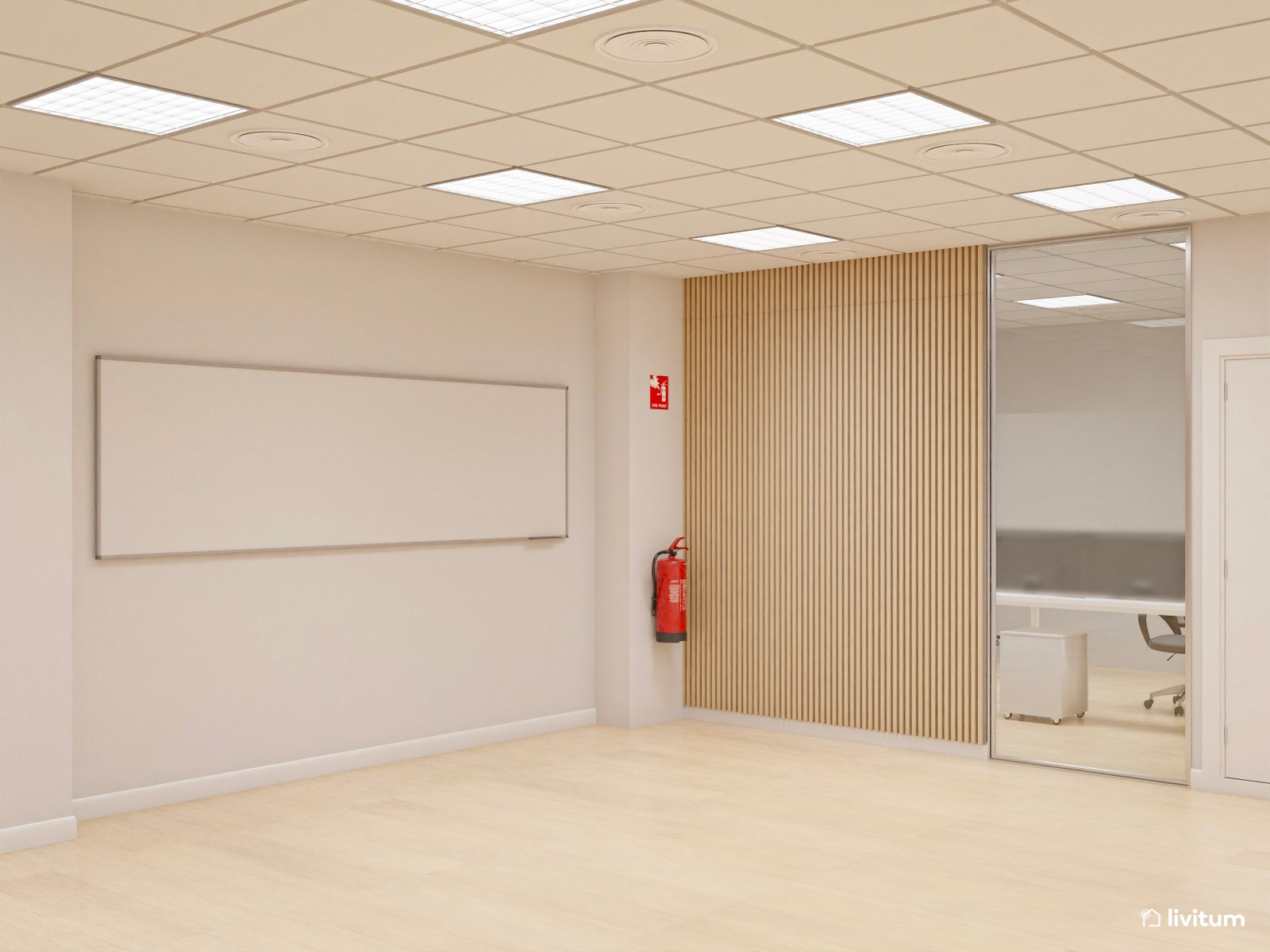 Amplia oficina con el binomio blanco y negro y detalles en madera