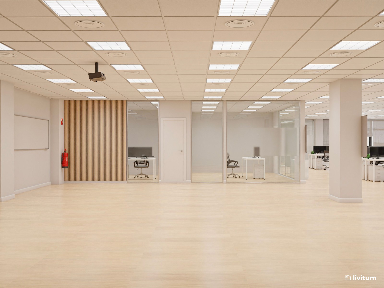 Amplia oficina con el binomio blanco y negro y detalles en madera