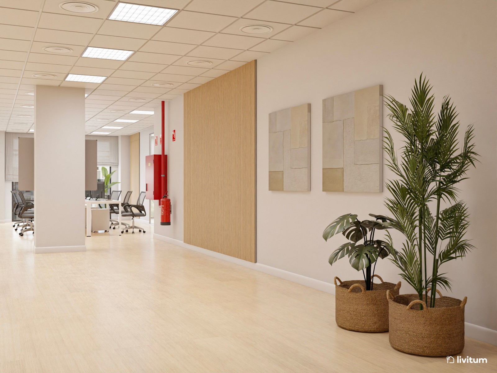 Amplia oficina con el binomio blanco y negro y detalles en madera