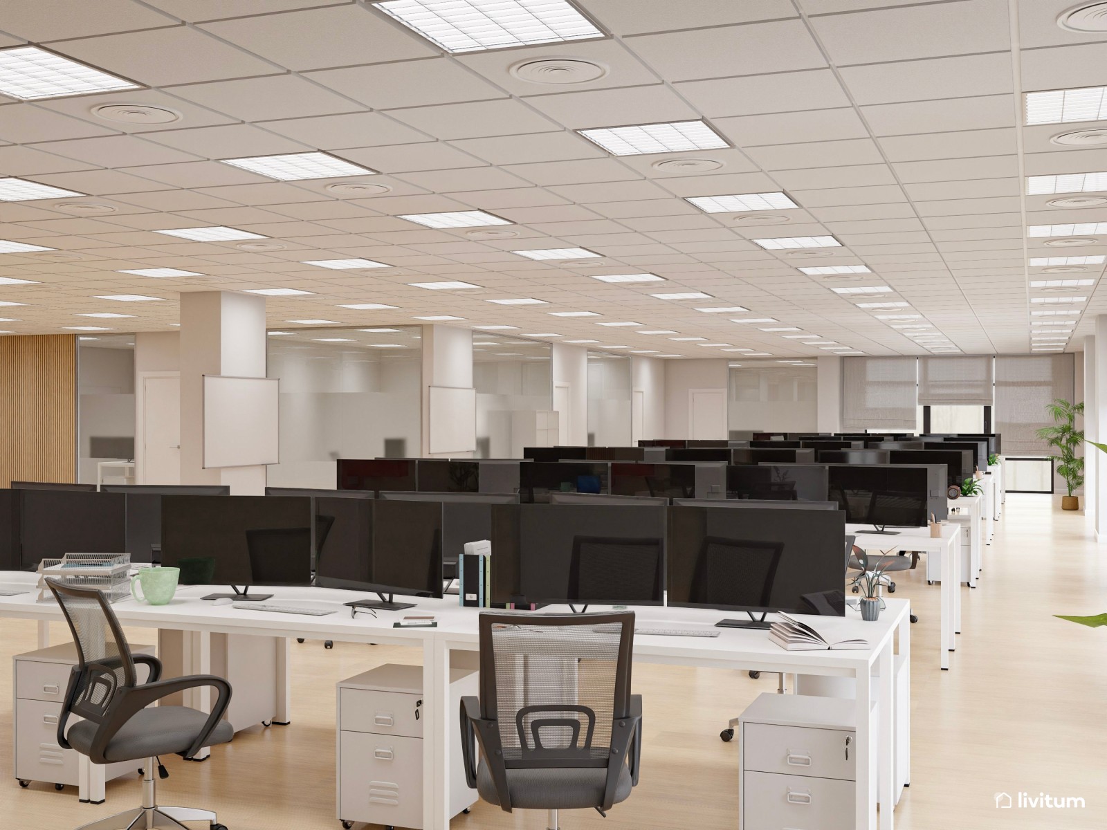 Amplia oficina con el binomio blanco y negro y detalles en madera