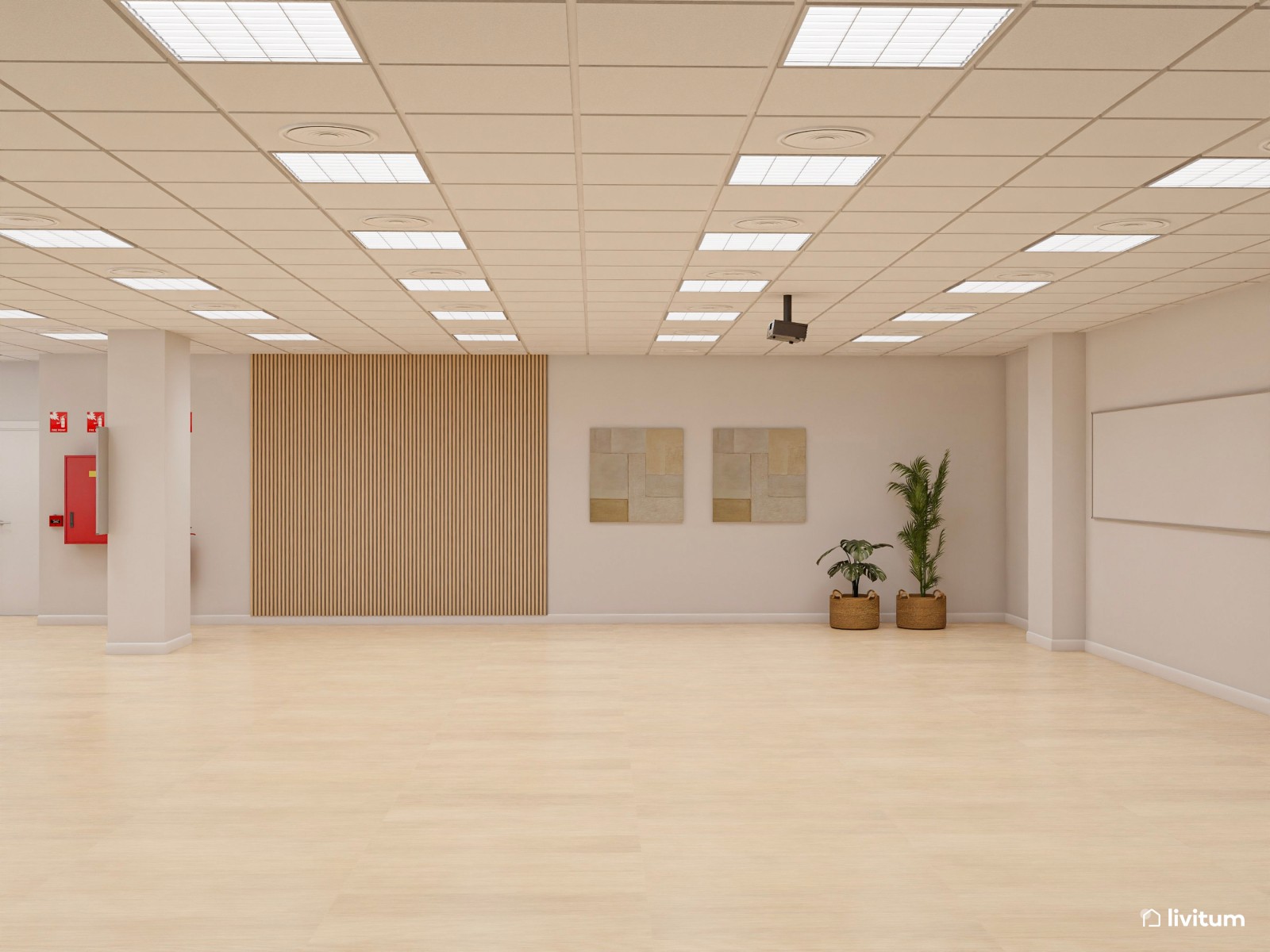 Amplia oficina con el binomio blanco y negro y detalles en madera