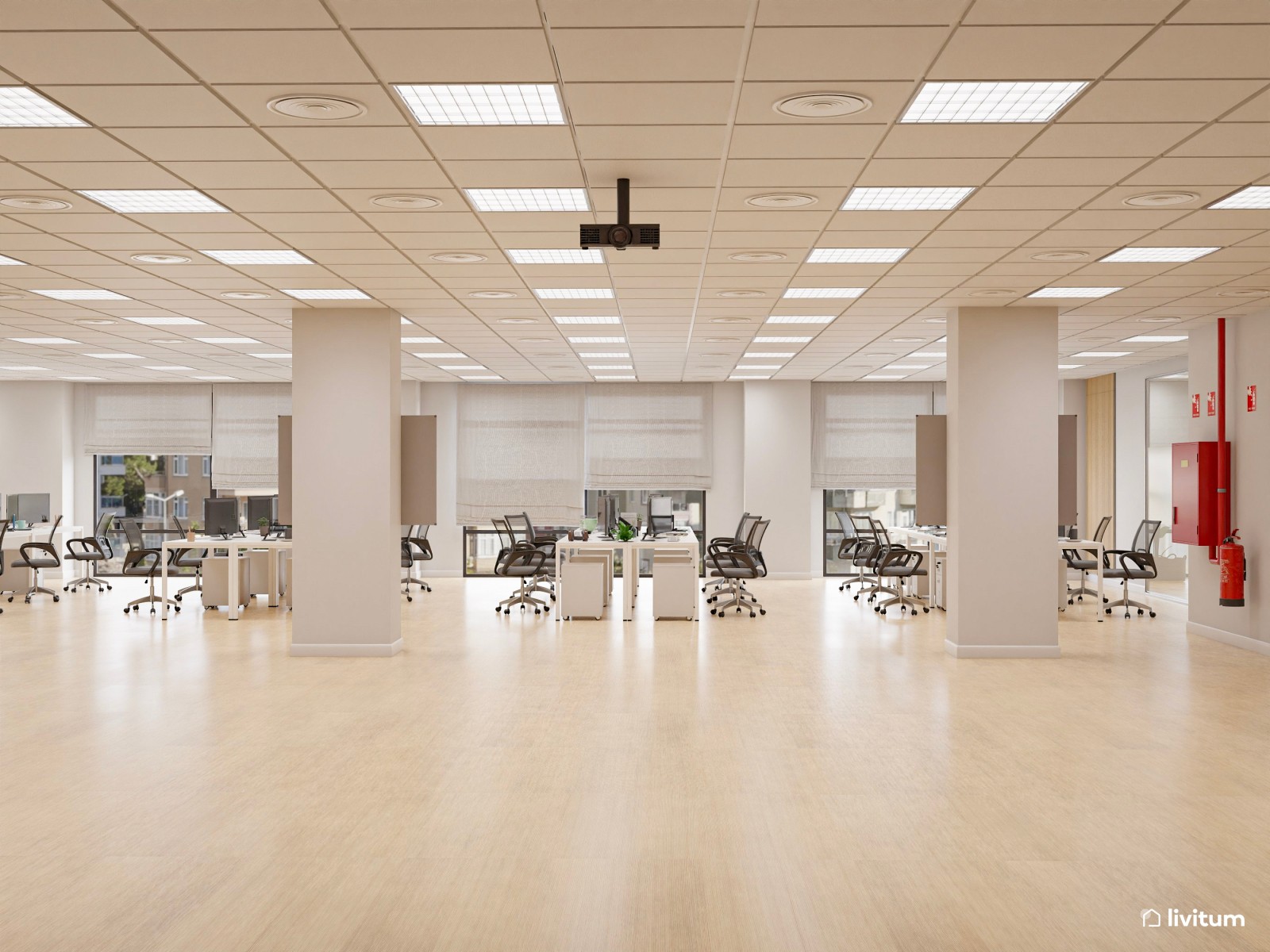 Amplia oficina con el binomio blanco y negro y detalles en madera