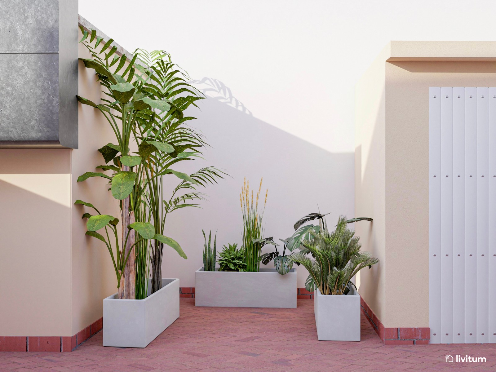 Amplia terraza con zona de relax y comedor repleta de plantas
