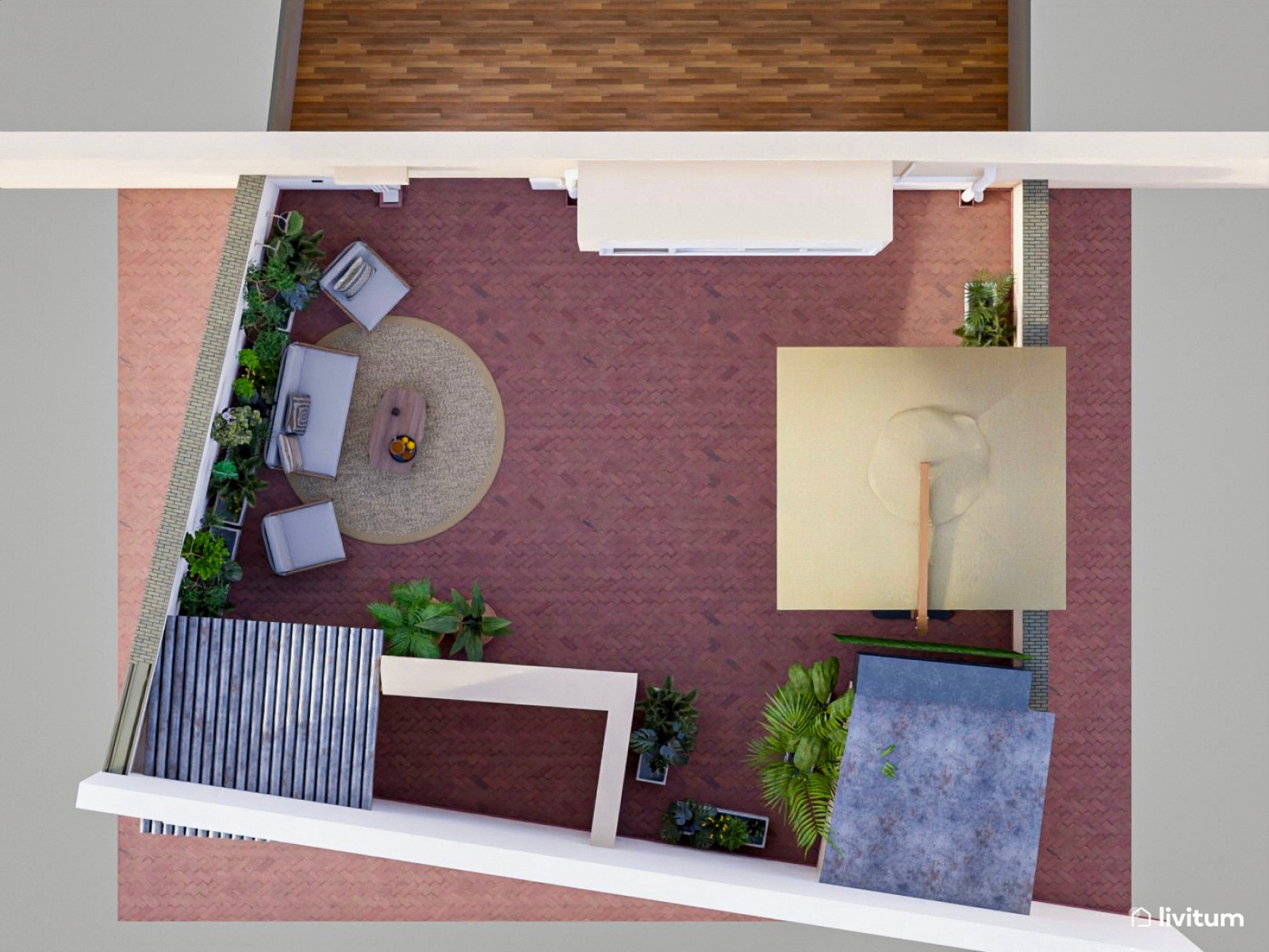 Amplia terraza con zona de relax y comedor repleta de plantas