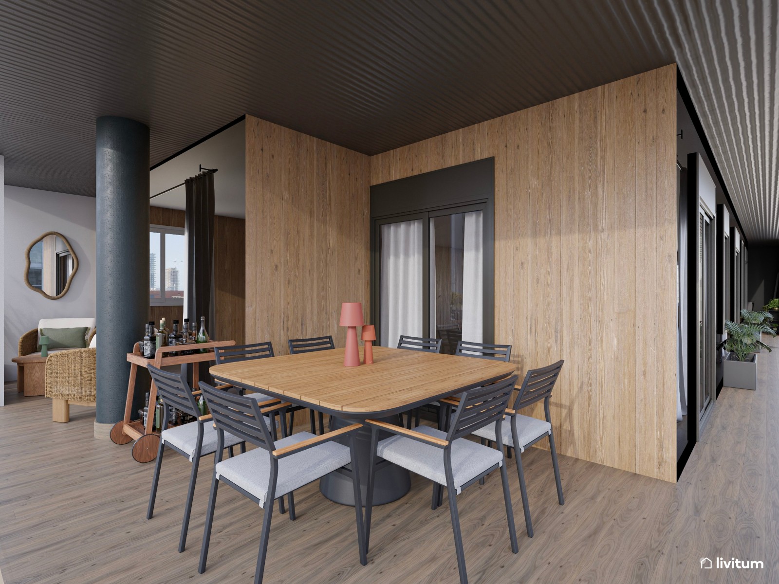 Amplia terraza moderna con zona de salón y comedor