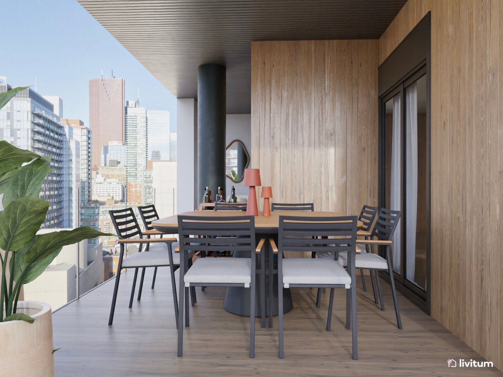 Amplia terraza moderna con zona de salón y comedor