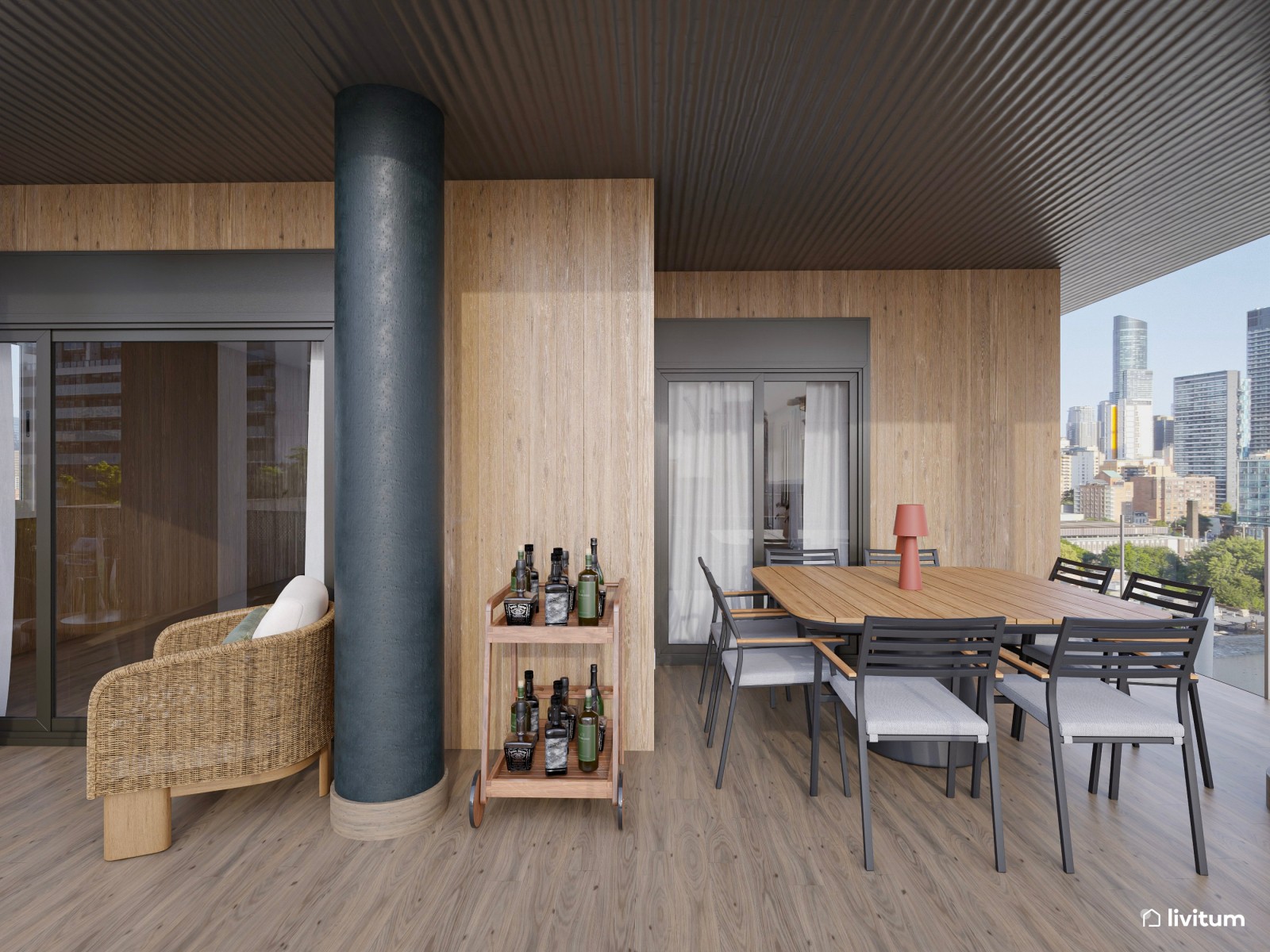 Amplia terraza moderna con zona de salón y comedor