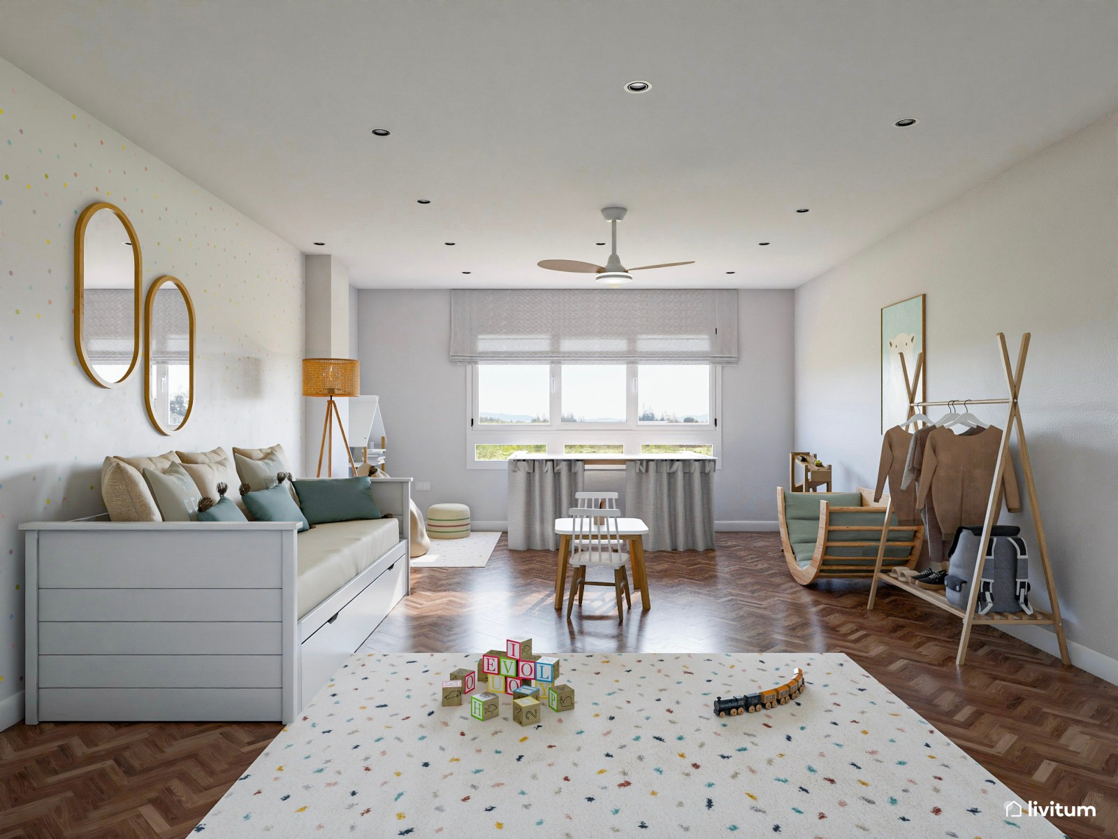 Amplia y luminosa habitación infantil con zona de juego Montessori 