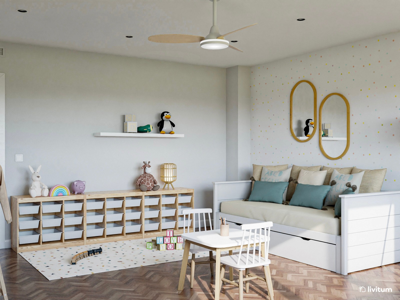 Amplia y luminosa habitación infantil con zona de juego Montessori 