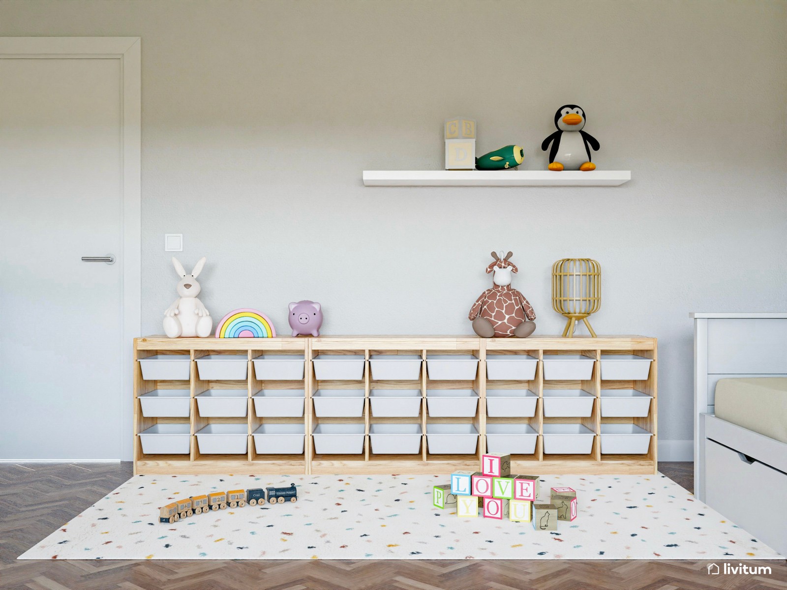 Amplia y luminosa habitación infantil con zona de juego Montessori 