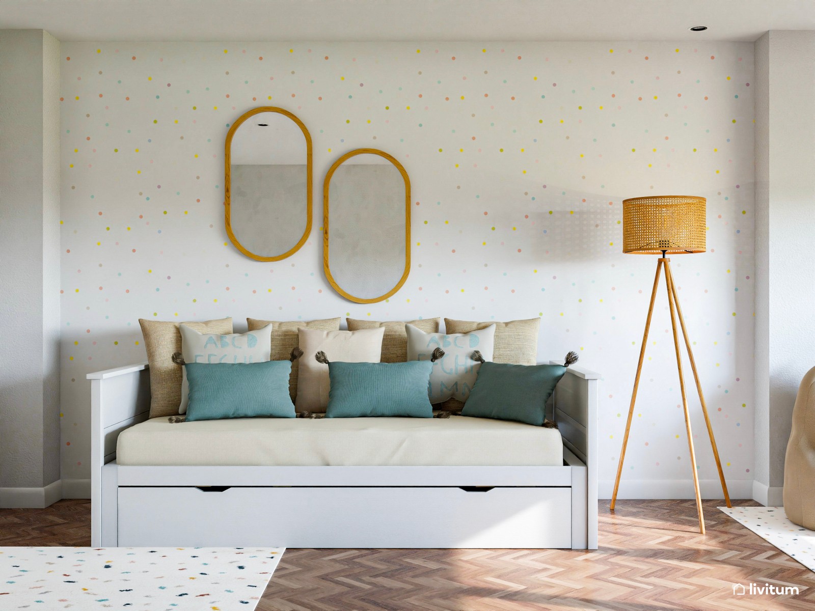 Amplia y luminosa habitación infantil con zona de juego Montessori 