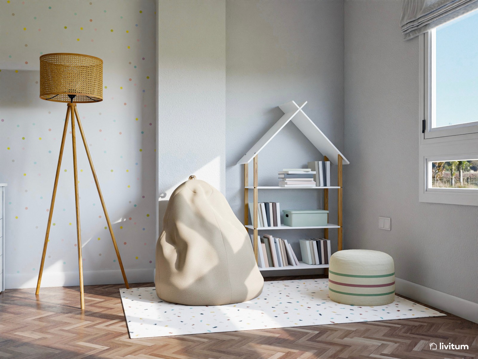Amplia y luminosa habitación infantil con zona de juego Montessori 