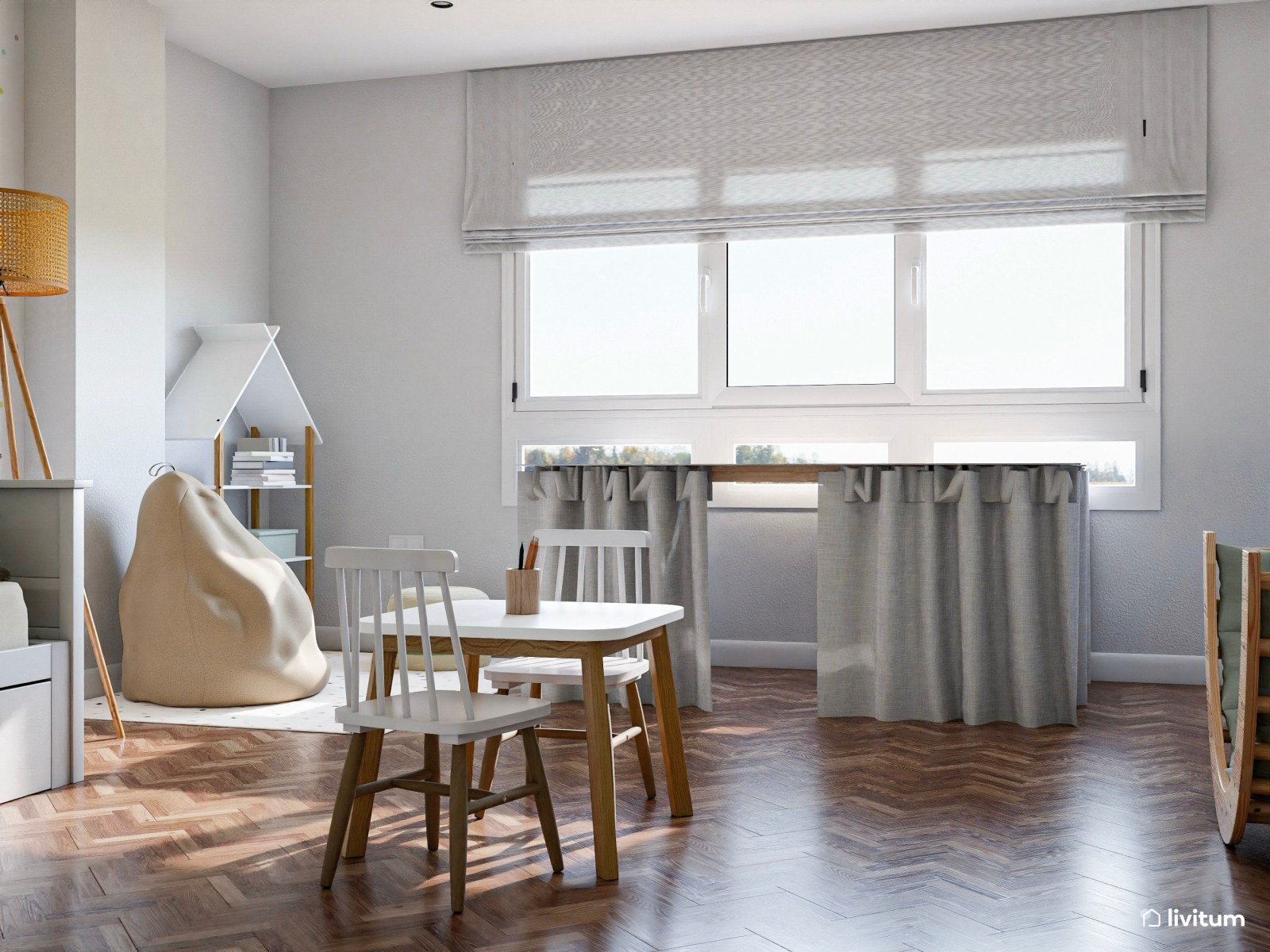 Amplia y luminosa habitación infantil con zona de juego Montessori 