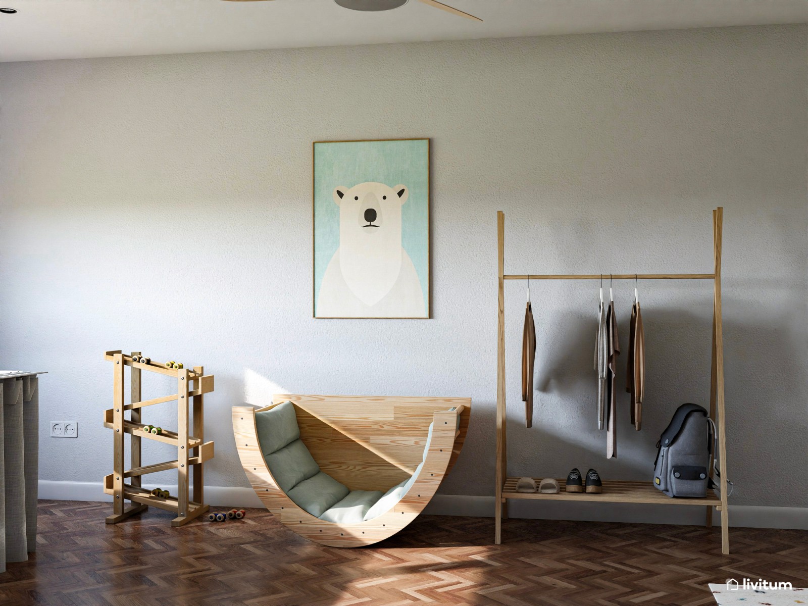 Amplia y luminosa habitación infantil con zona de juego Montessori 