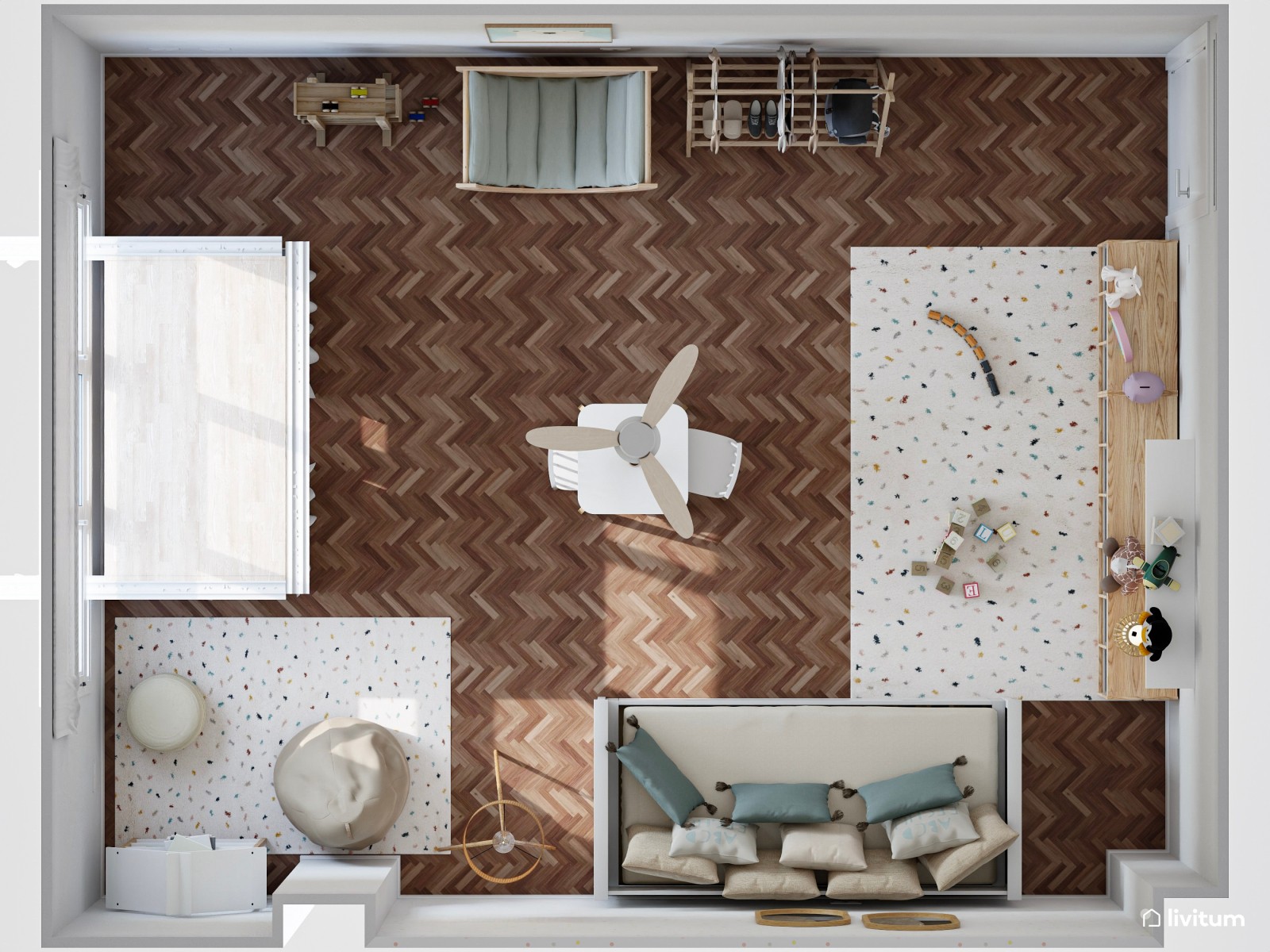 Amplia y luminosa habitación infantil con zona de juego Montessori 