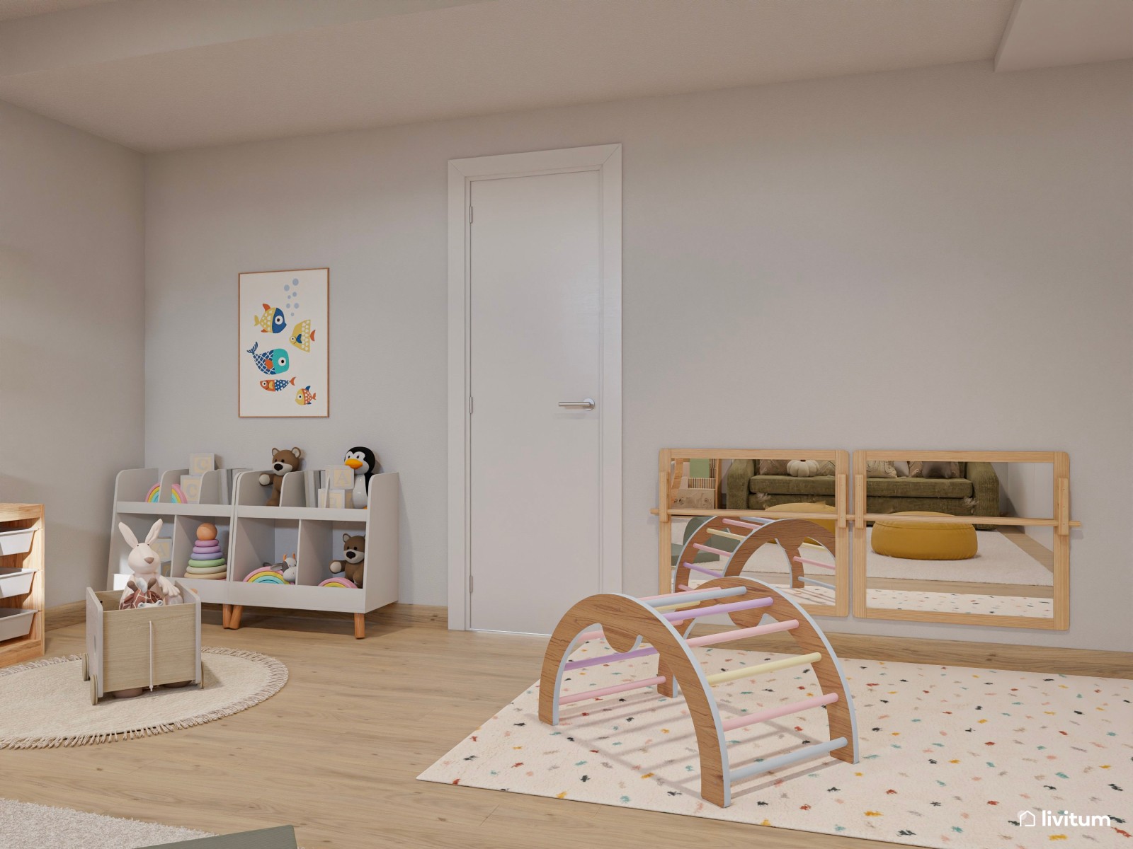 Amplia zona de juegos con escritorios y mucho almacenaje en color verde y amarillo