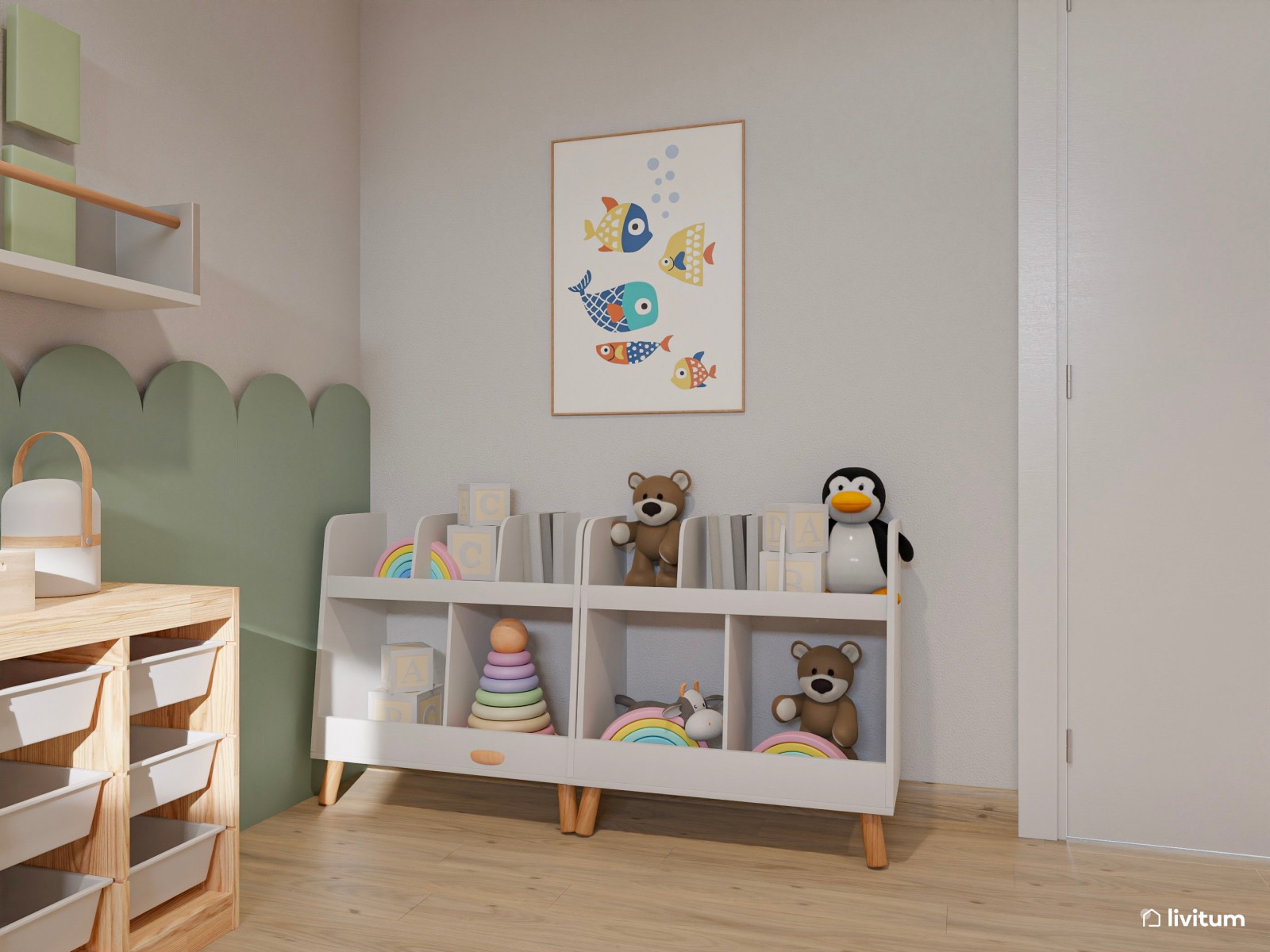 Amplia zona de juegos con escritorios y mucho almacenaje en color verde y amarillo