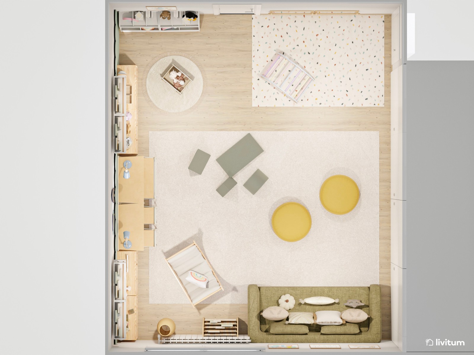 Amplia zona de juegos con escritorios y mucho almacenaje en color verde y amarillo