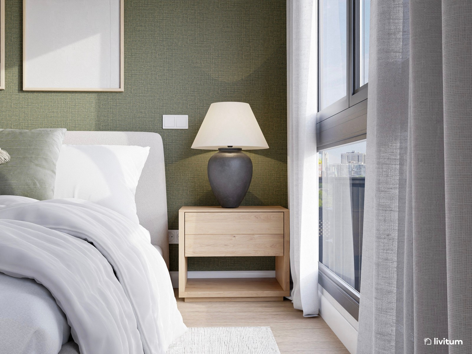 Amplio dormitorio con zona de escritorio y de lectura en verde