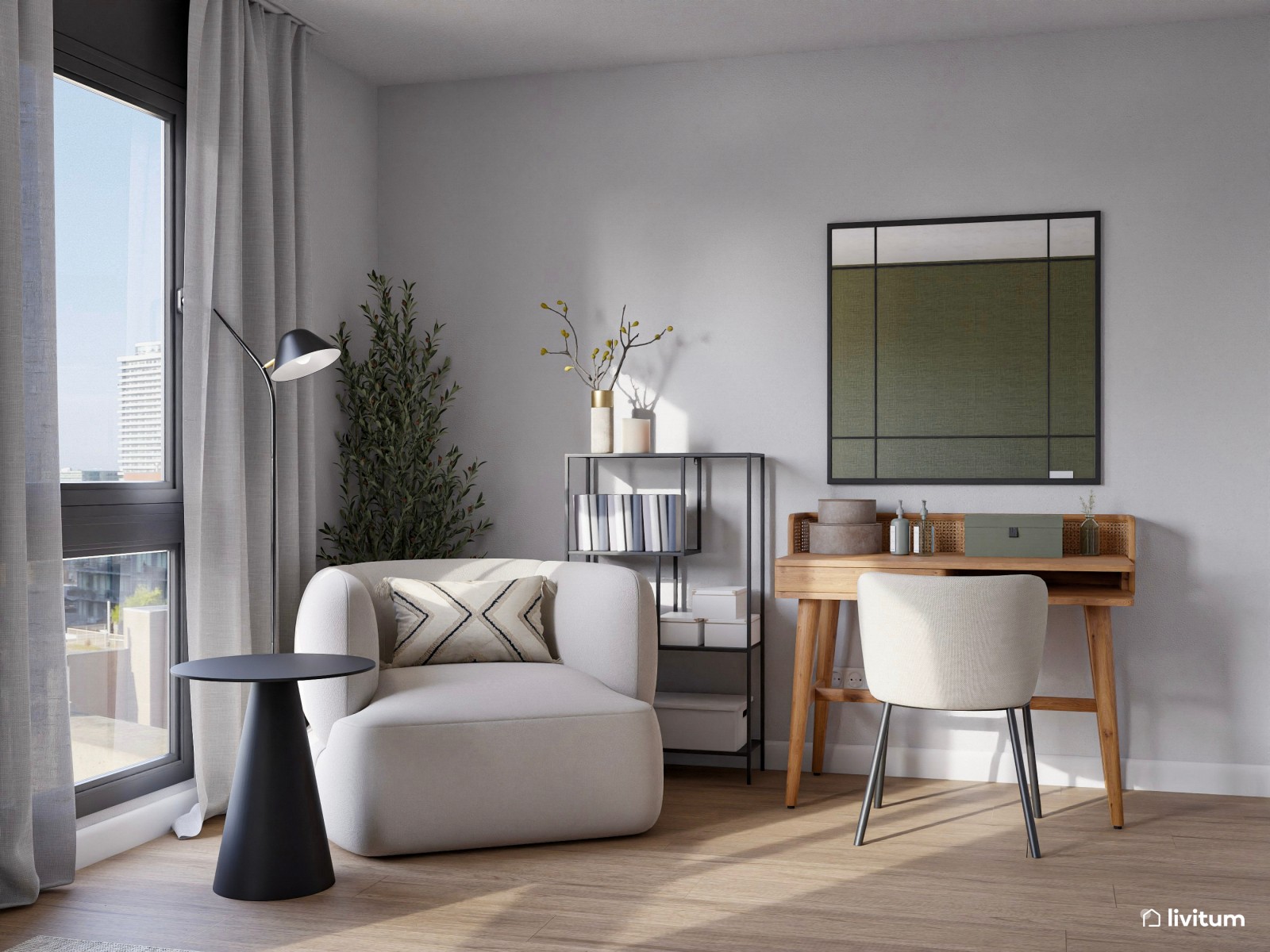 Amplio dormitorio con zona de escritorio y de lectura en verde