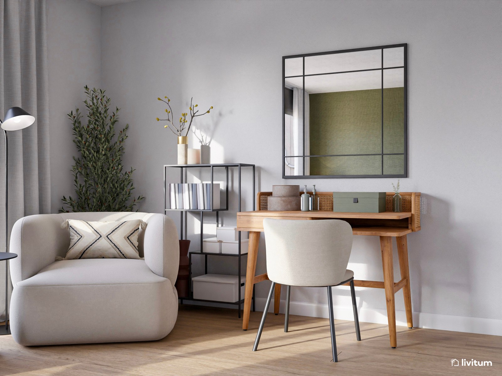 Amplio dormitorio con zona de escritorio y de lectura en verde