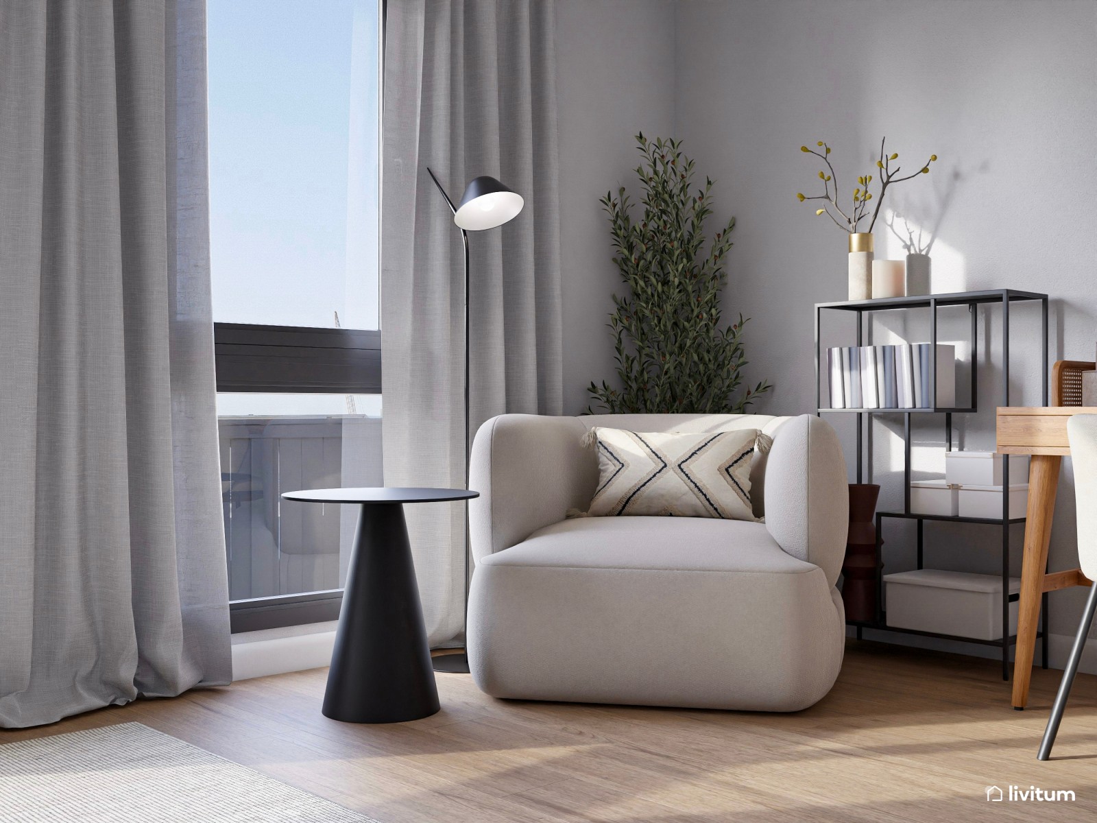 Amplio dormitorio con zona de escritorio y de lectura en verde