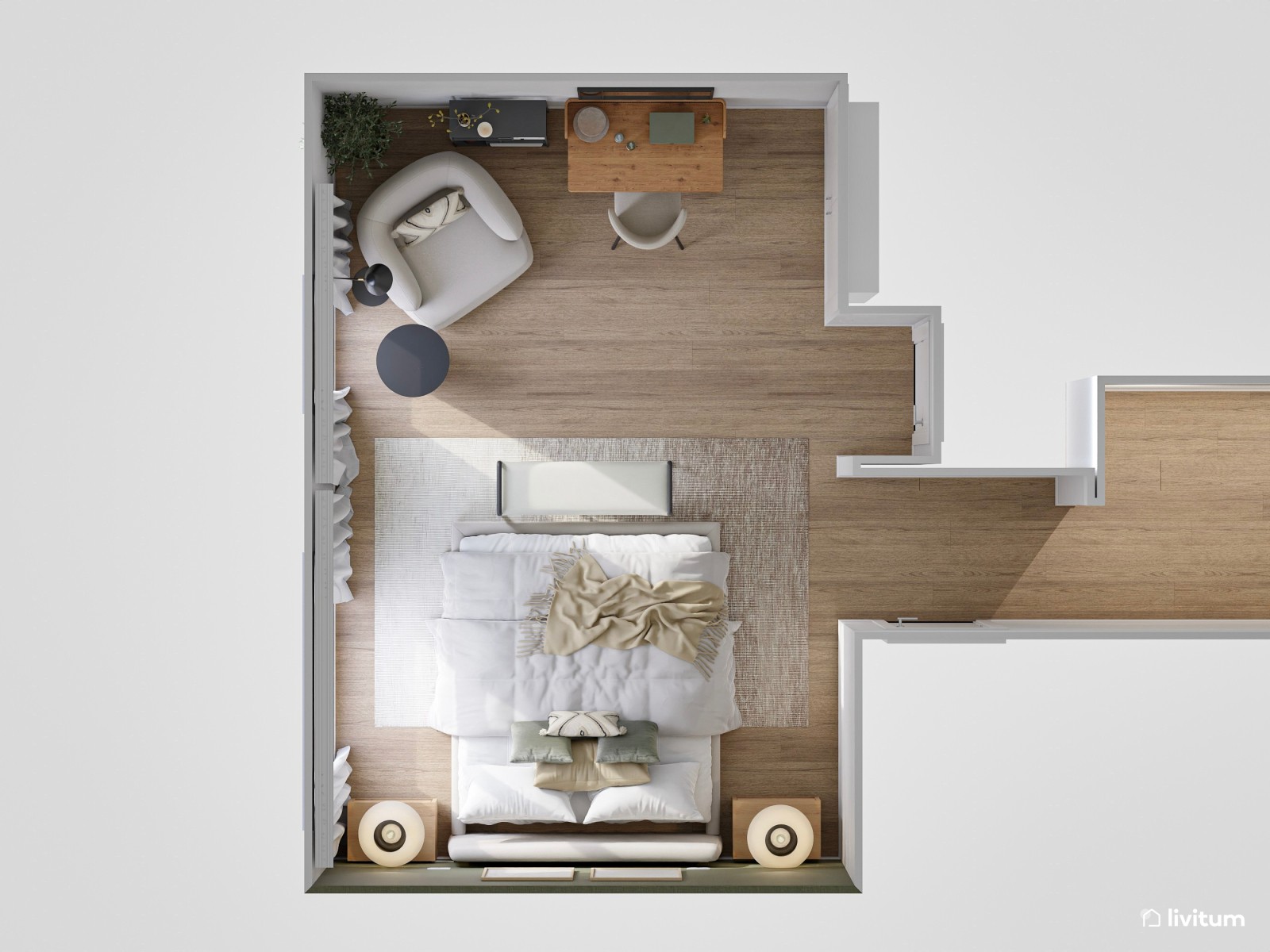 Amplio dormitorio con zona de escritorio y de lectura en verde