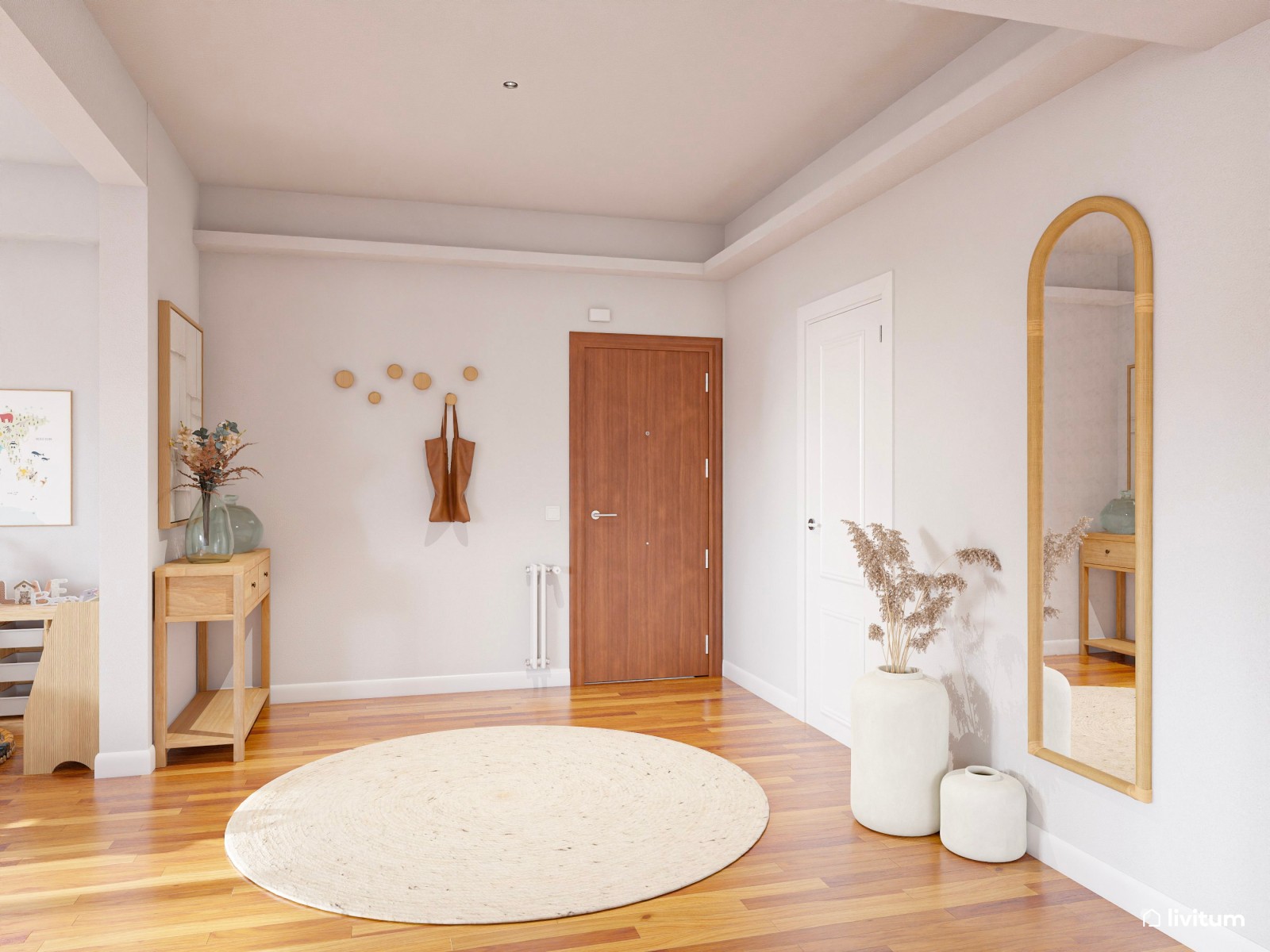 Amplio recibidor con salón minimalista en Total White