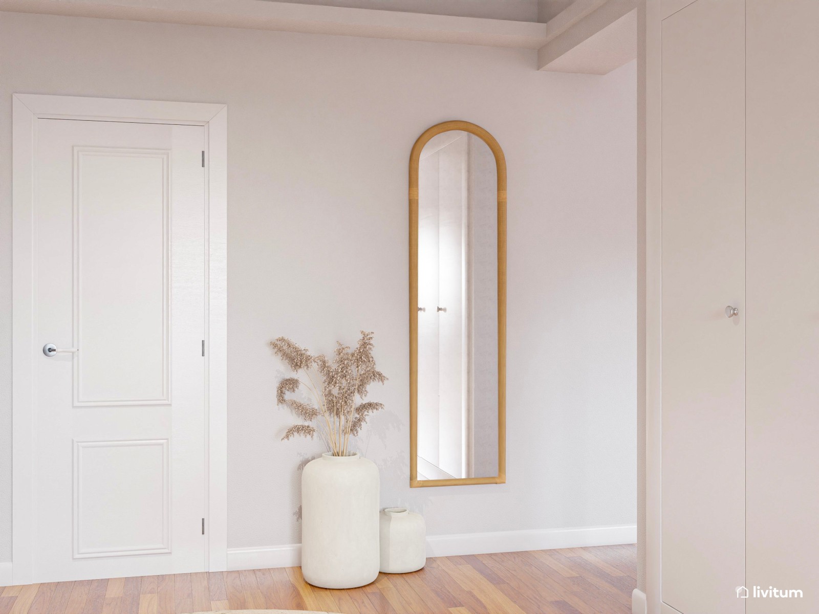 Amplio recibidor con salón minimalista en Total White