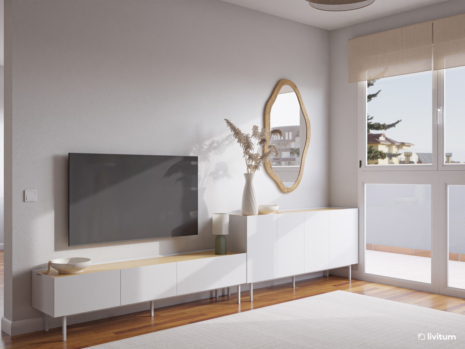 Amplio recibidor con salón minimalista en Total White