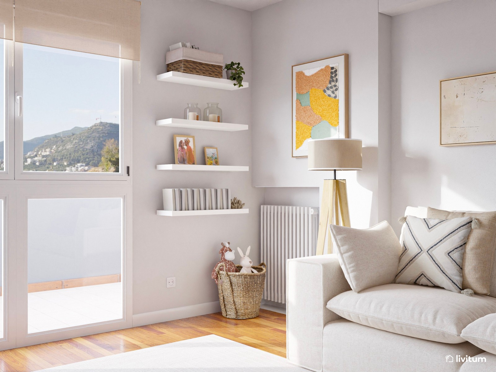 Amplio recibidor con salón minimalista en Total White