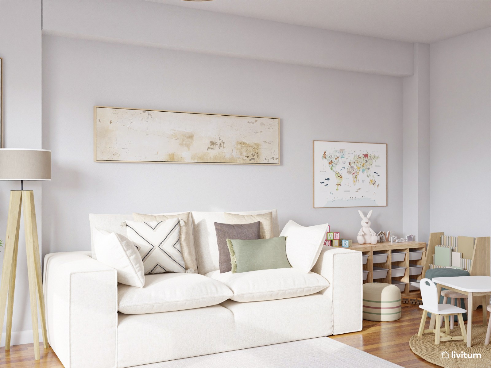 Amplio recibidor con salón minimalista en Total White