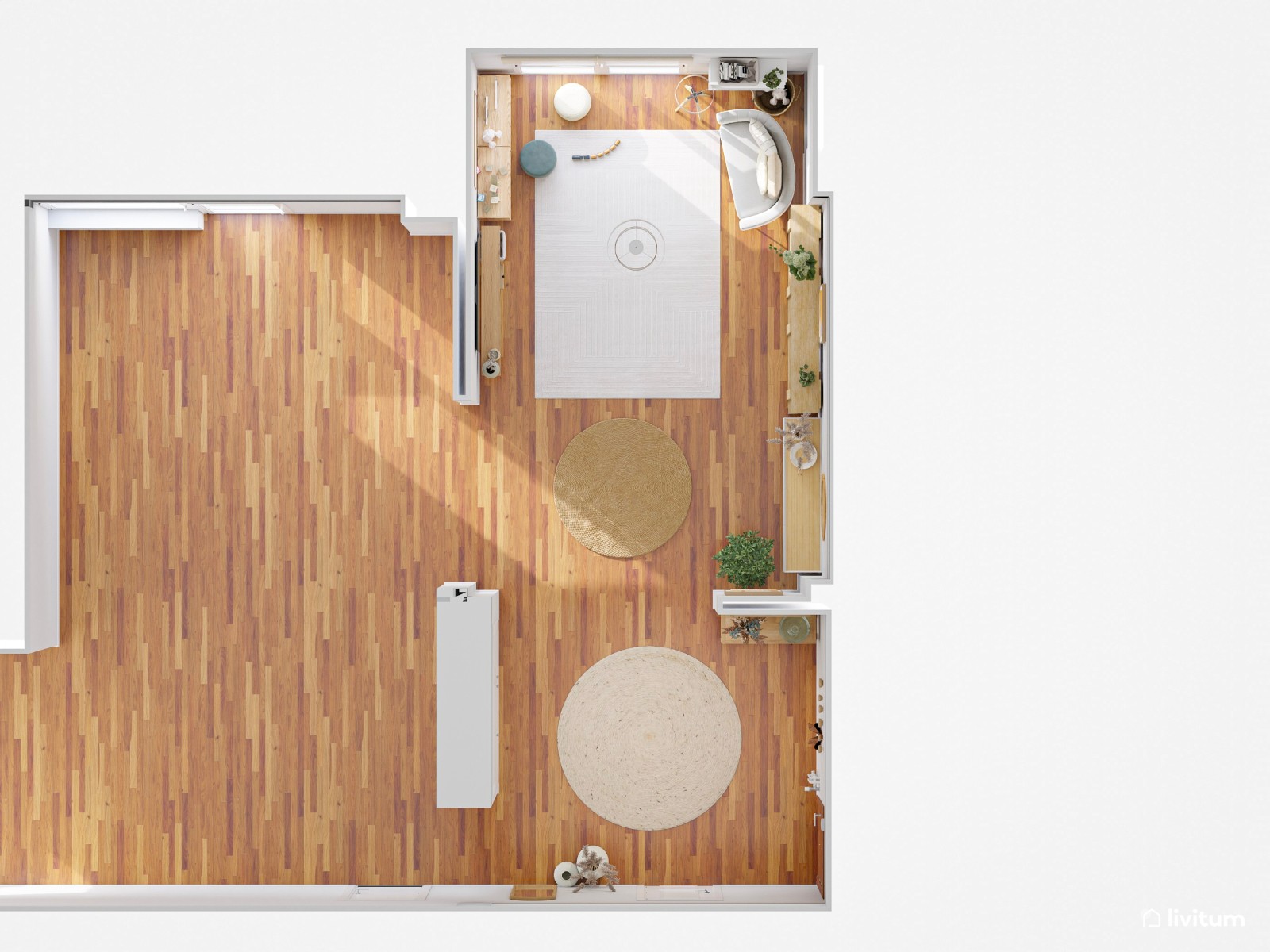 Amplio recibidor con salón minimalista en Total White