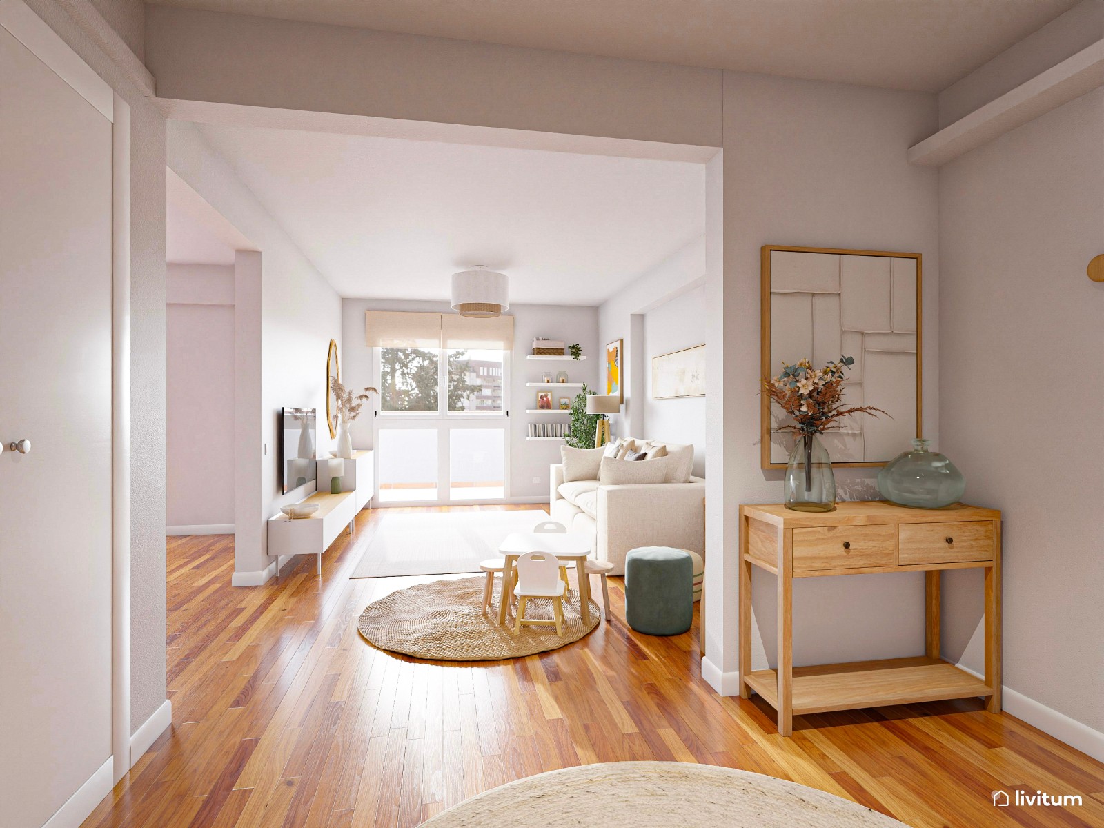 Amplio recibidor con salón minimalista en Total White