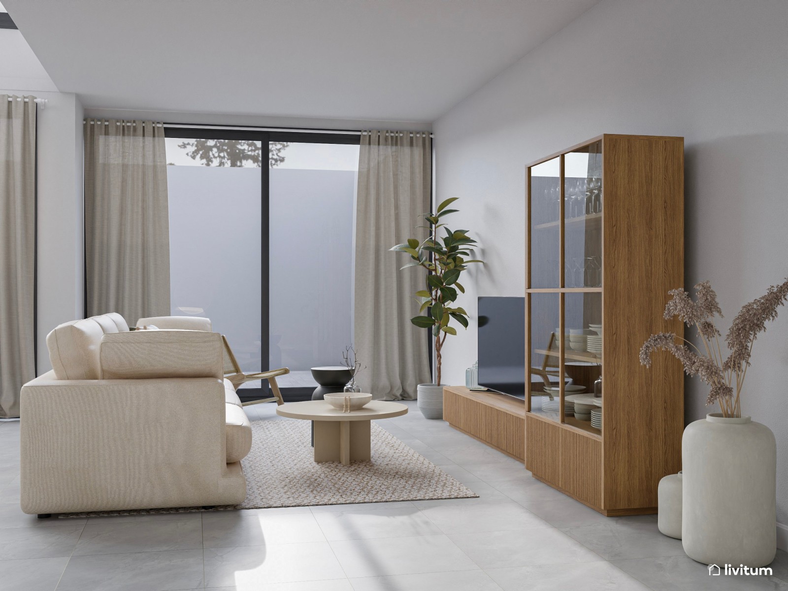 Amplio salón comedor con cocina abierta con detalles muy orgánicos