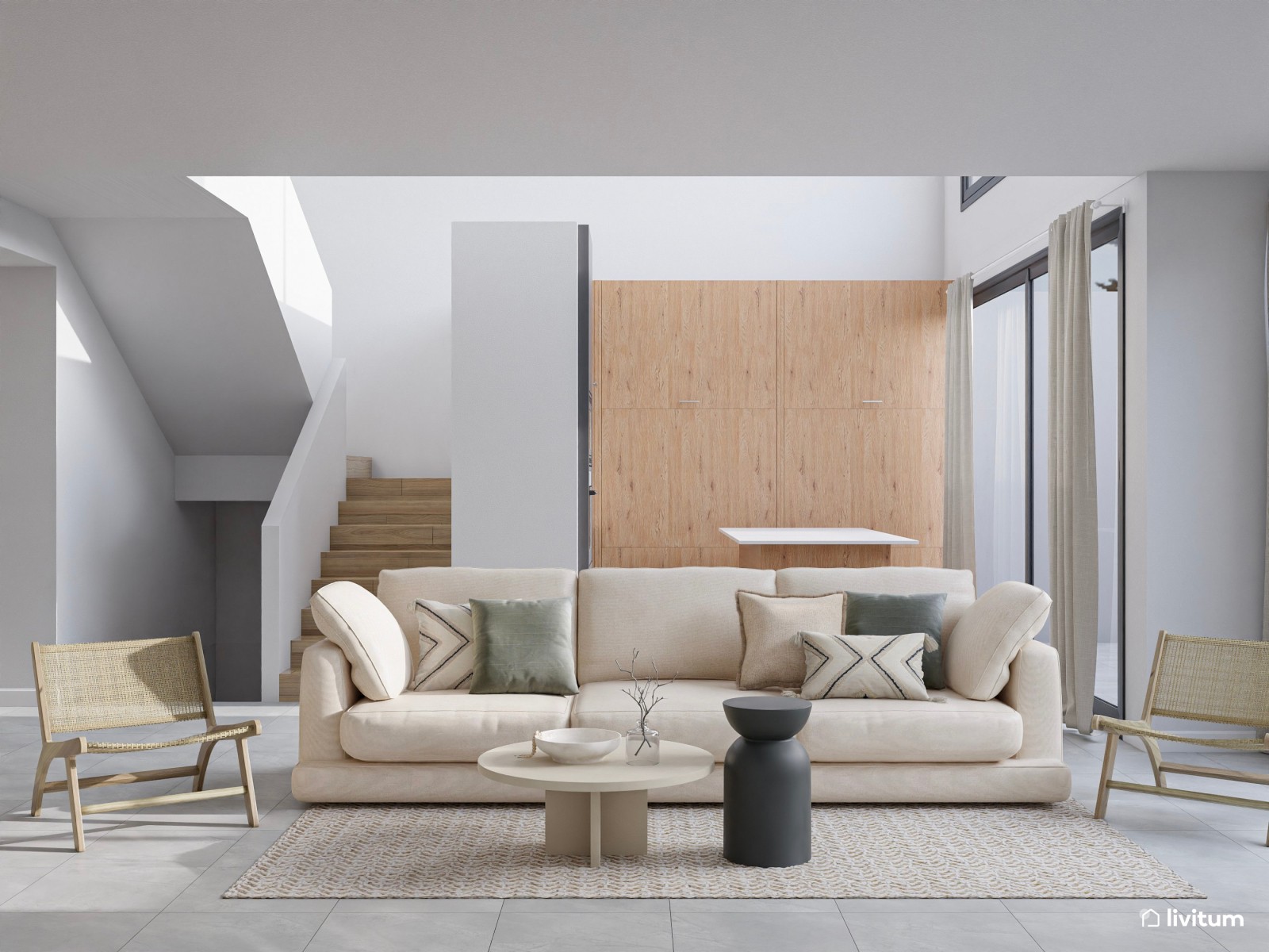 Amplio salón comedor con cocina abierta con detalles muy orgánicos