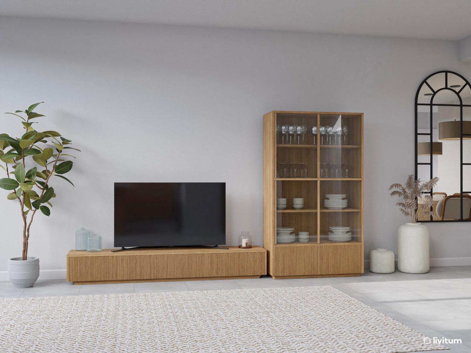 Amplio salón comedor con cocina abierta con detalles muy orgánicos
