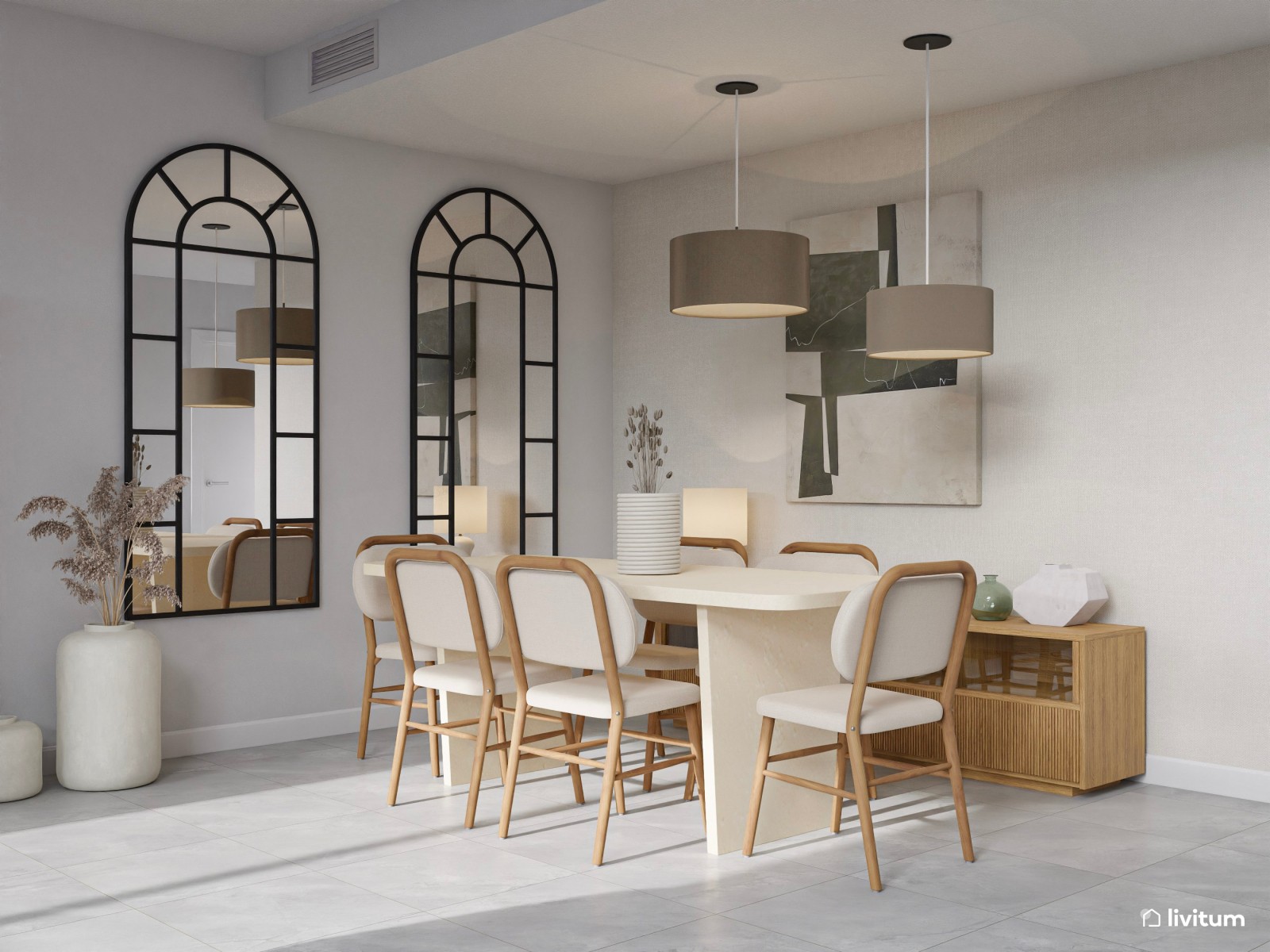 Amplio salón comedor con cocina abierta con detalles muy orgánicos