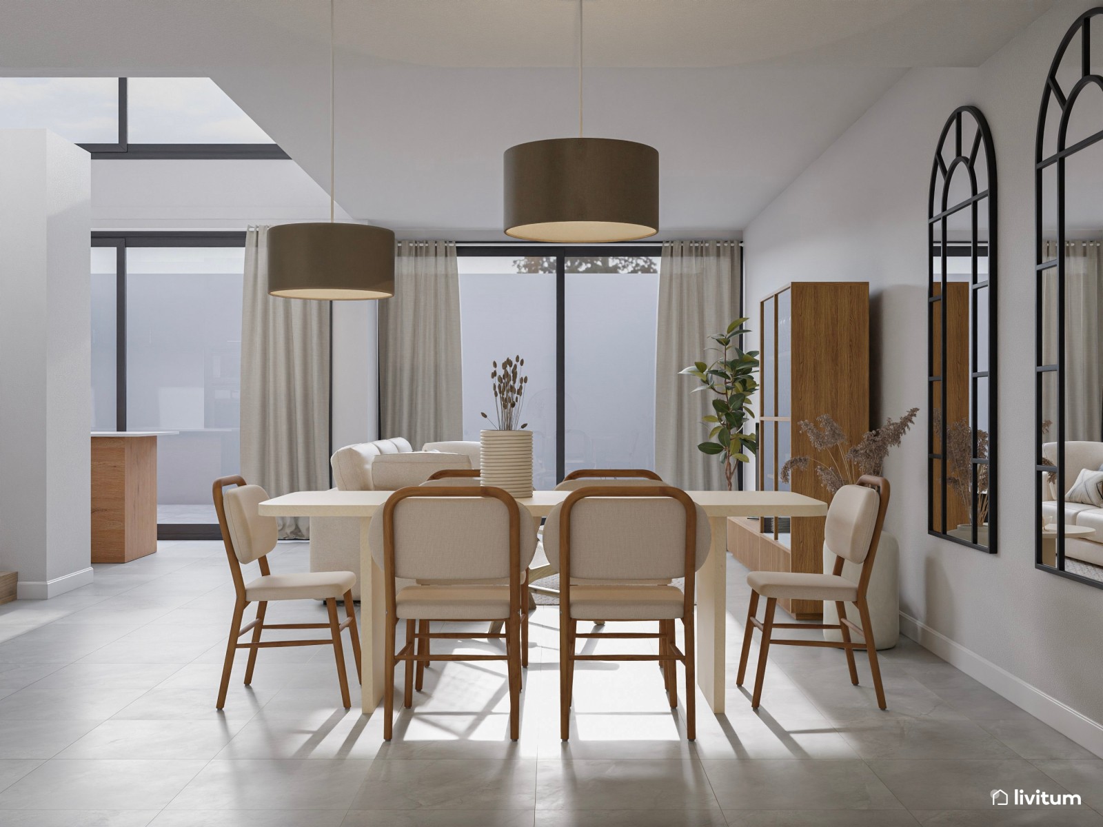 Amplio salón comedor con cocina abierta con detalles muy orgánicos