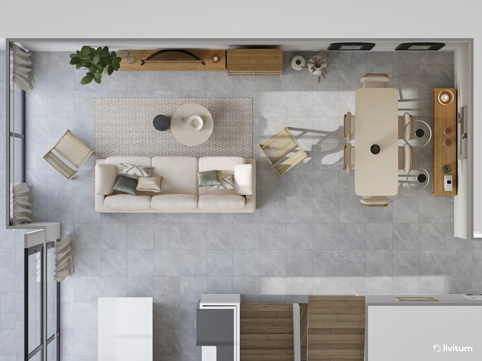 Amplio salón comedor con cocina abierta con detalles muy orgánicos