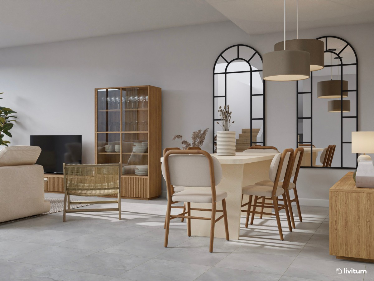 Amplio salón comedor con cocina abierta con detalles muy orgánicos