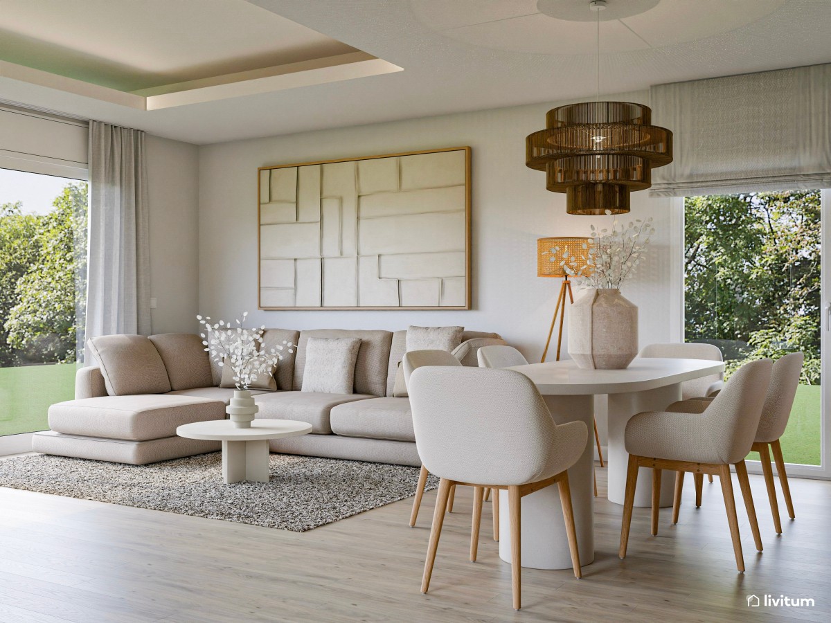 Amplio salón comedor con cocina abierta y espectacular escalera