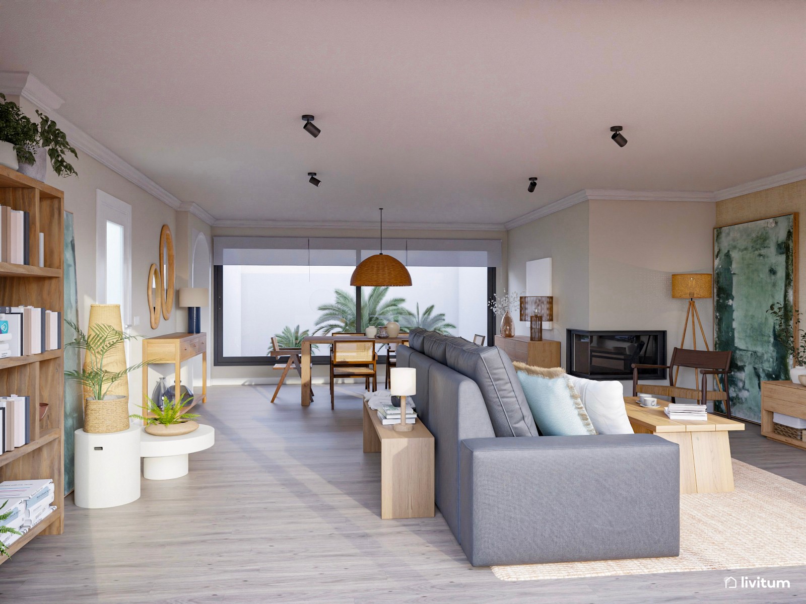 Amplio salón comedor con decoración natural y mobiliario de madera