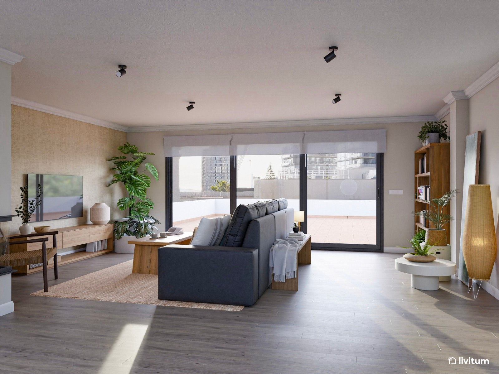 Amplio salón comedor con decoración natural y mobiliario de madera