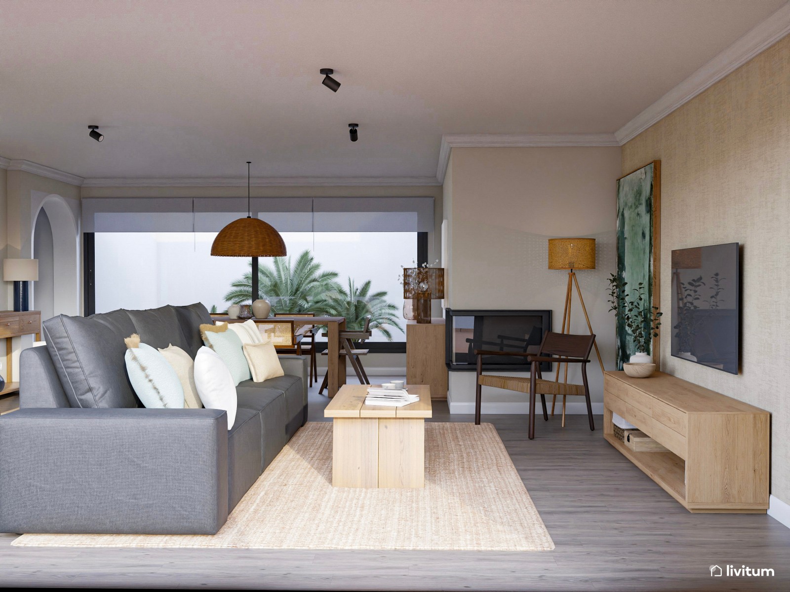 Amplio salón comedor con decoración natural y mobiliario de madera