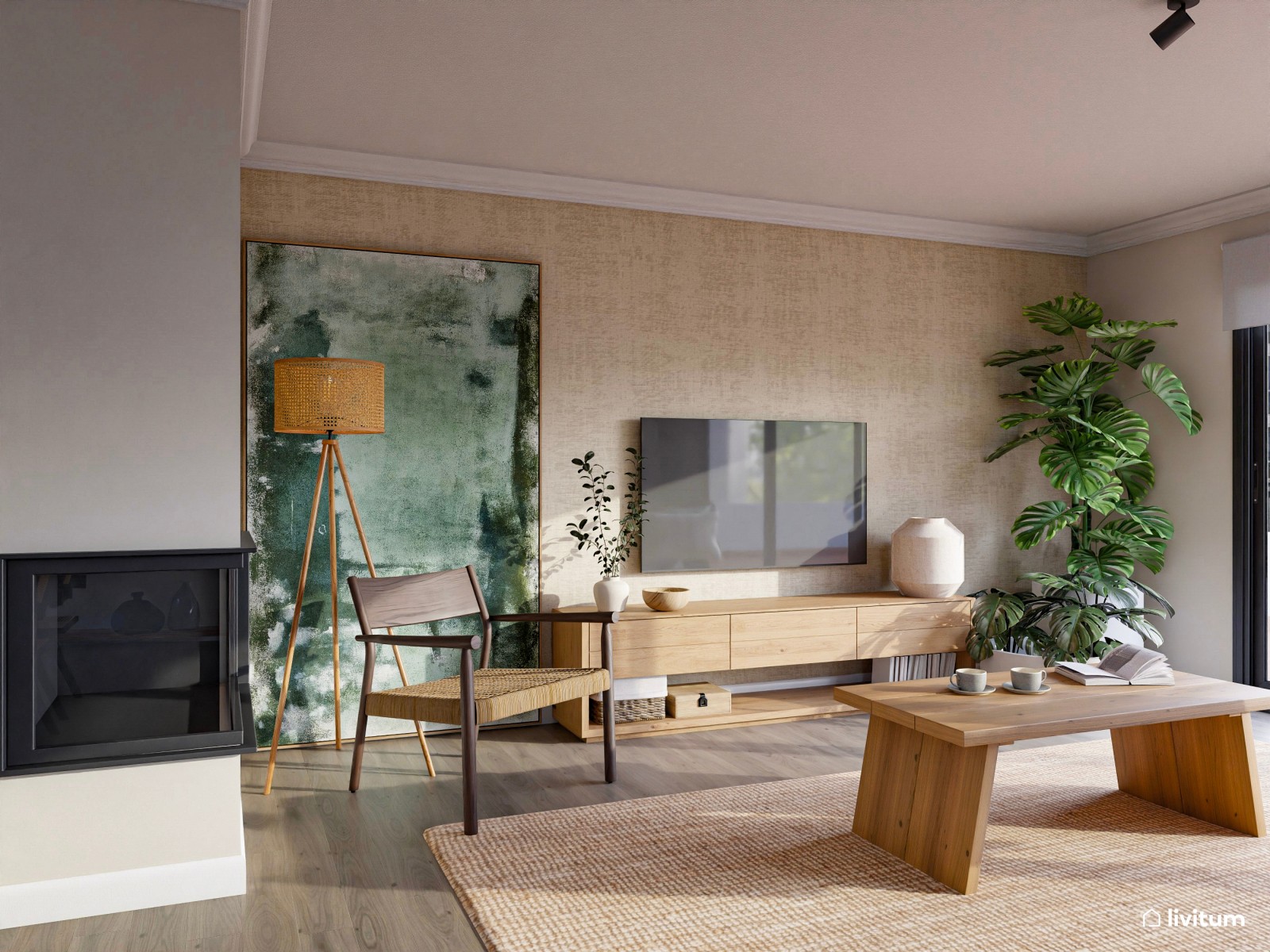 Amplio salón comedor con decoración natural y mobiliario de madera