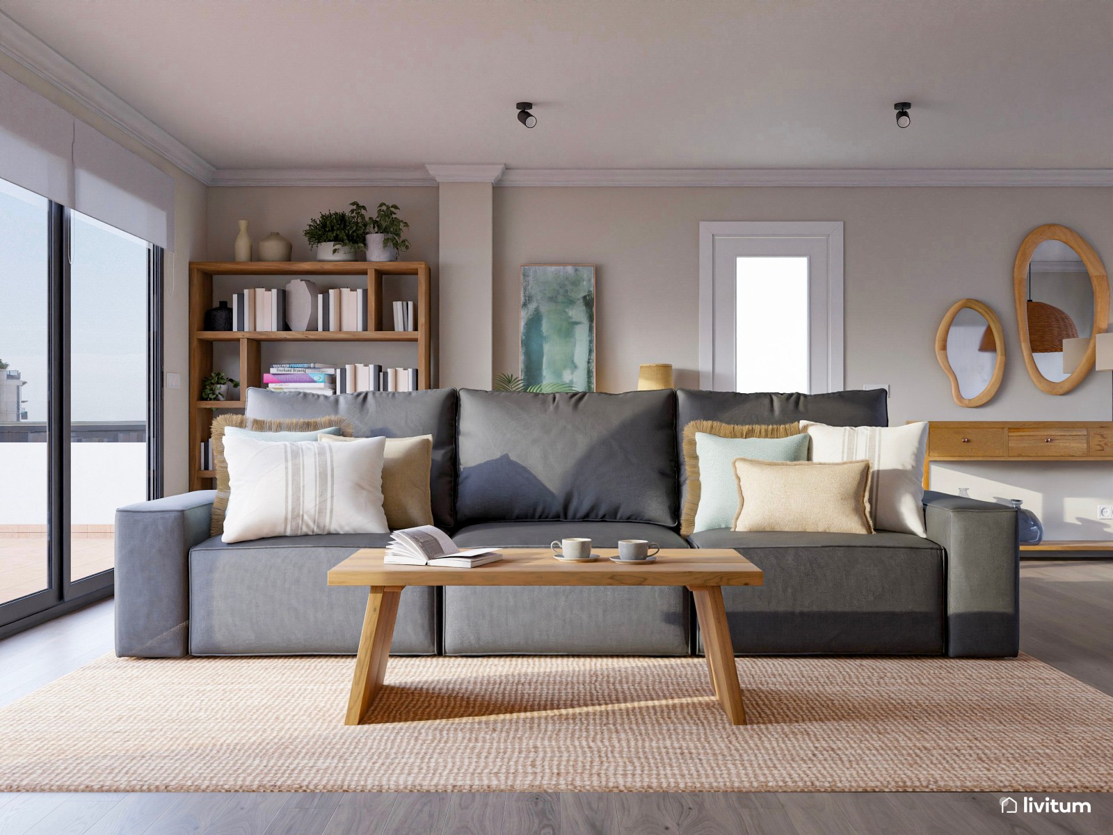 Amplio salón comedor con decoración natural y mobiliario de madera