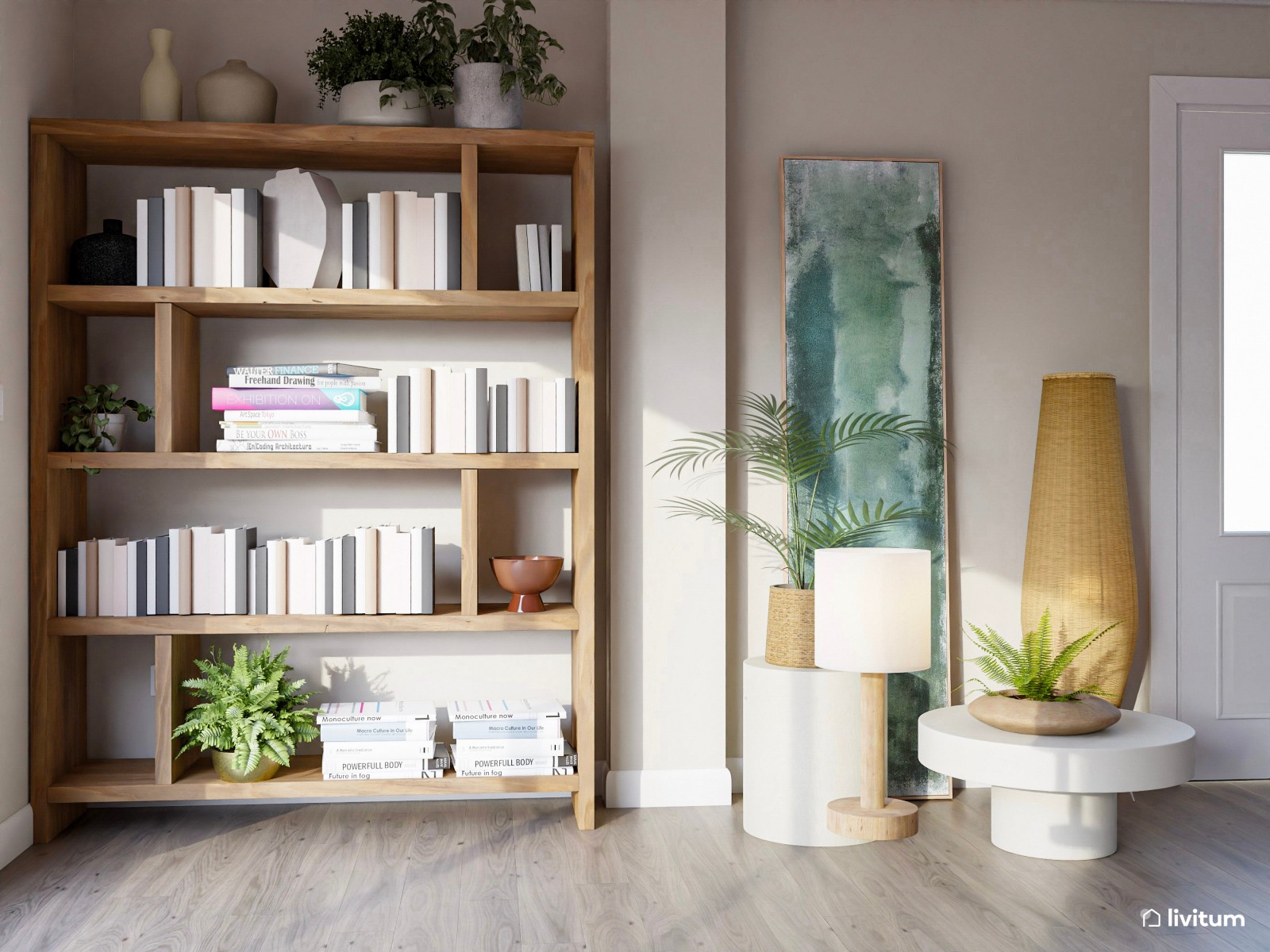 Amplio salón comedor con decoración natural y mobiliario de madera