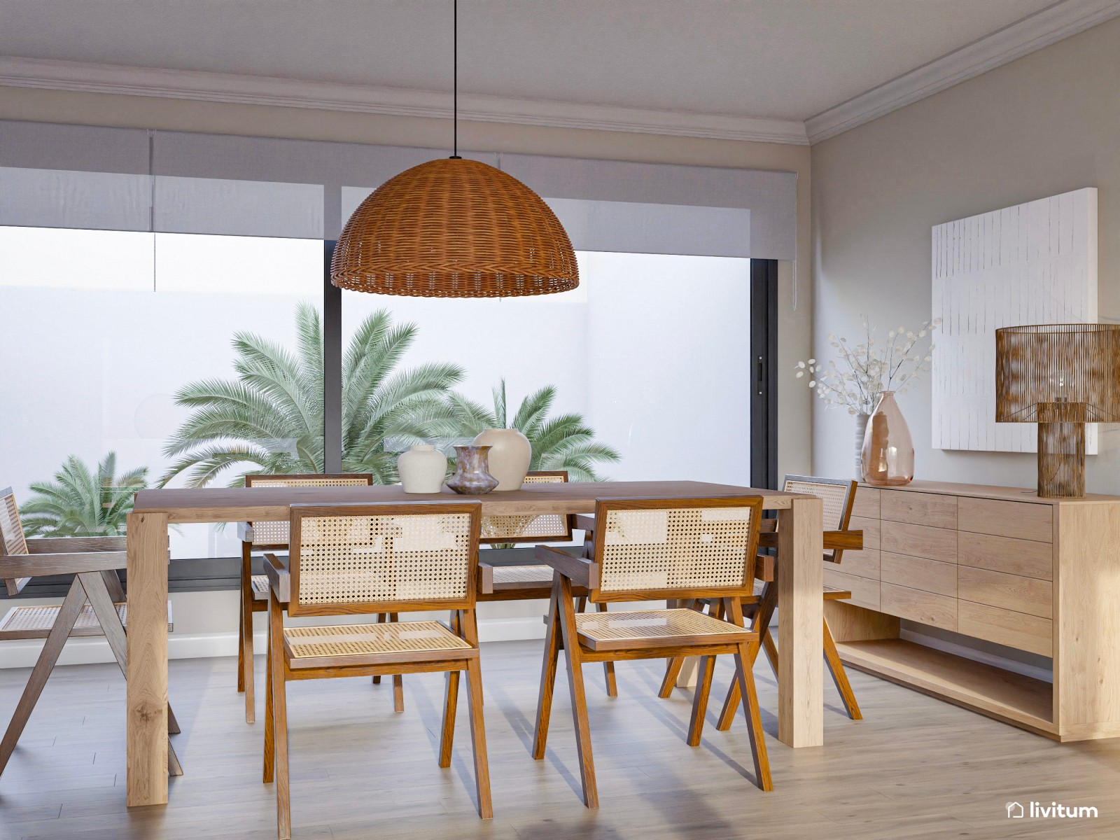 Amplio salón comedor con decoración natural y mobiliario de madera