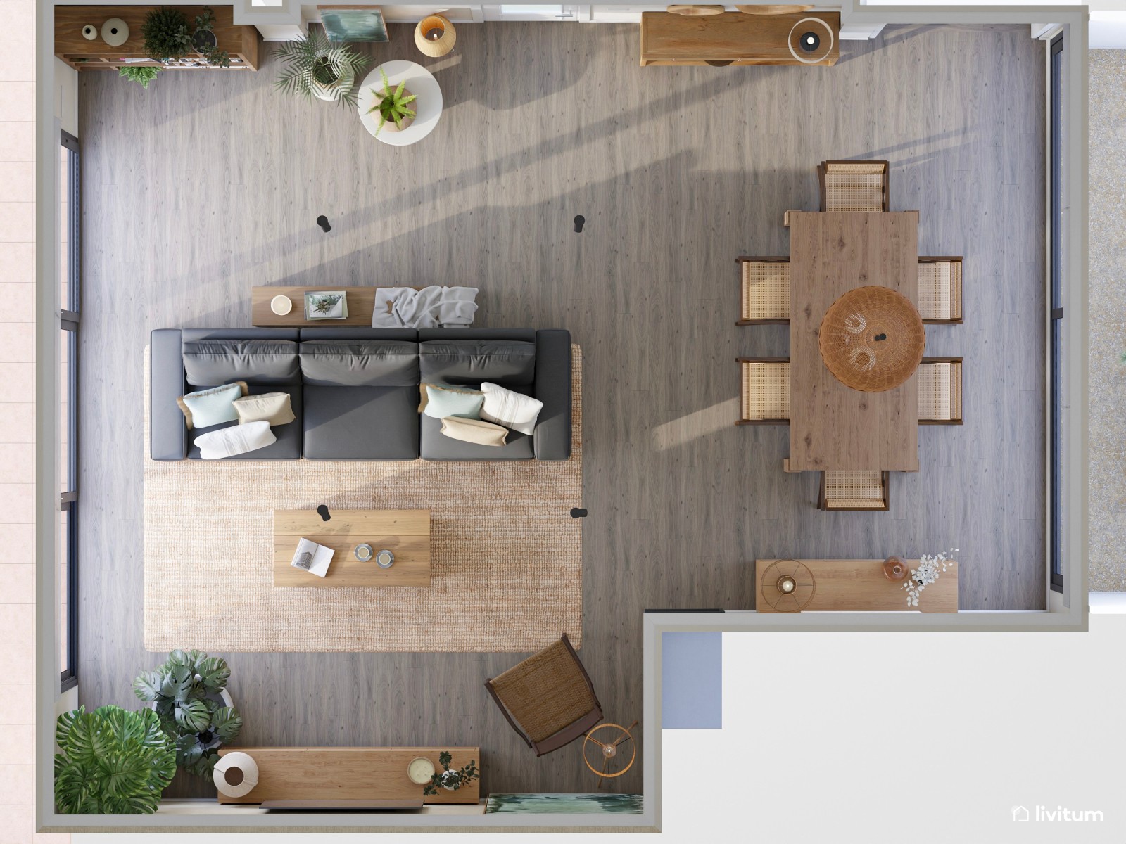 Amplio salón comedor con decoración natural y mobiliario de madera